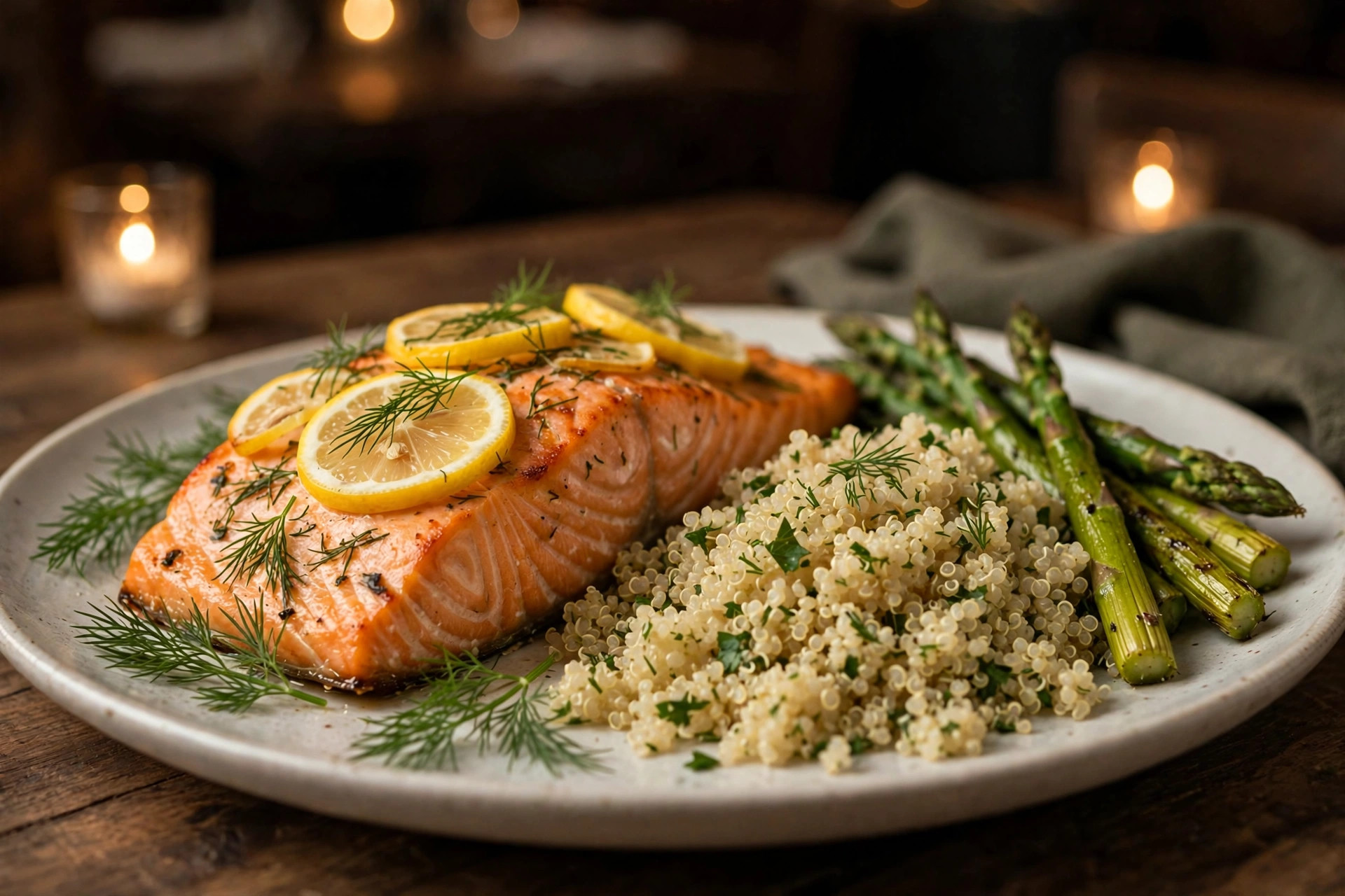 Baked salmon fillet with lemon and dill, served with quinoa and asparagus