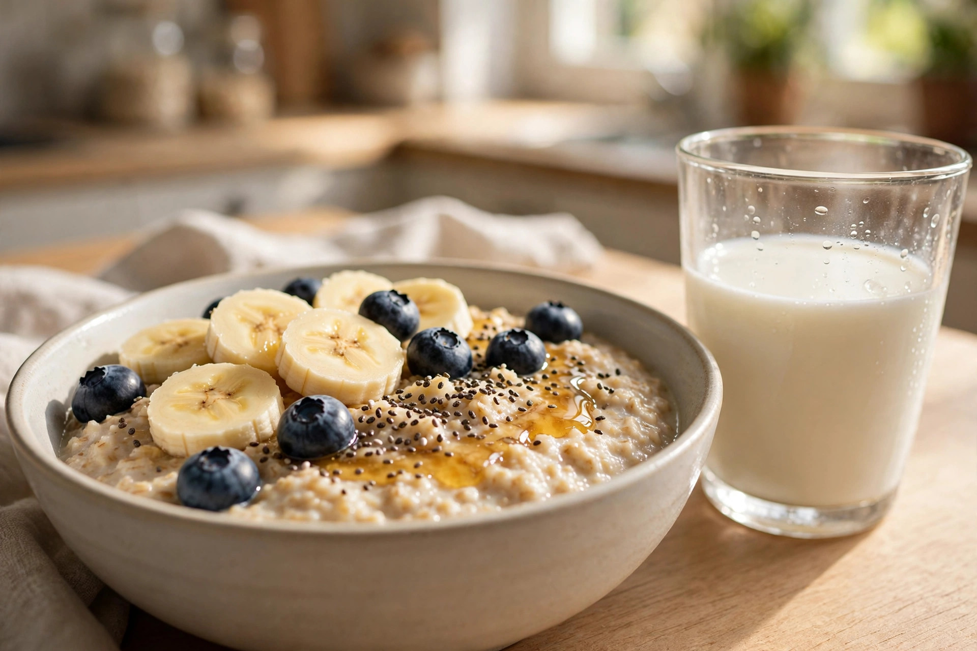A creamy bowl of oatmeal topped with banana slices, blueberries, chia seeds and honey, with a glass of milk beside it