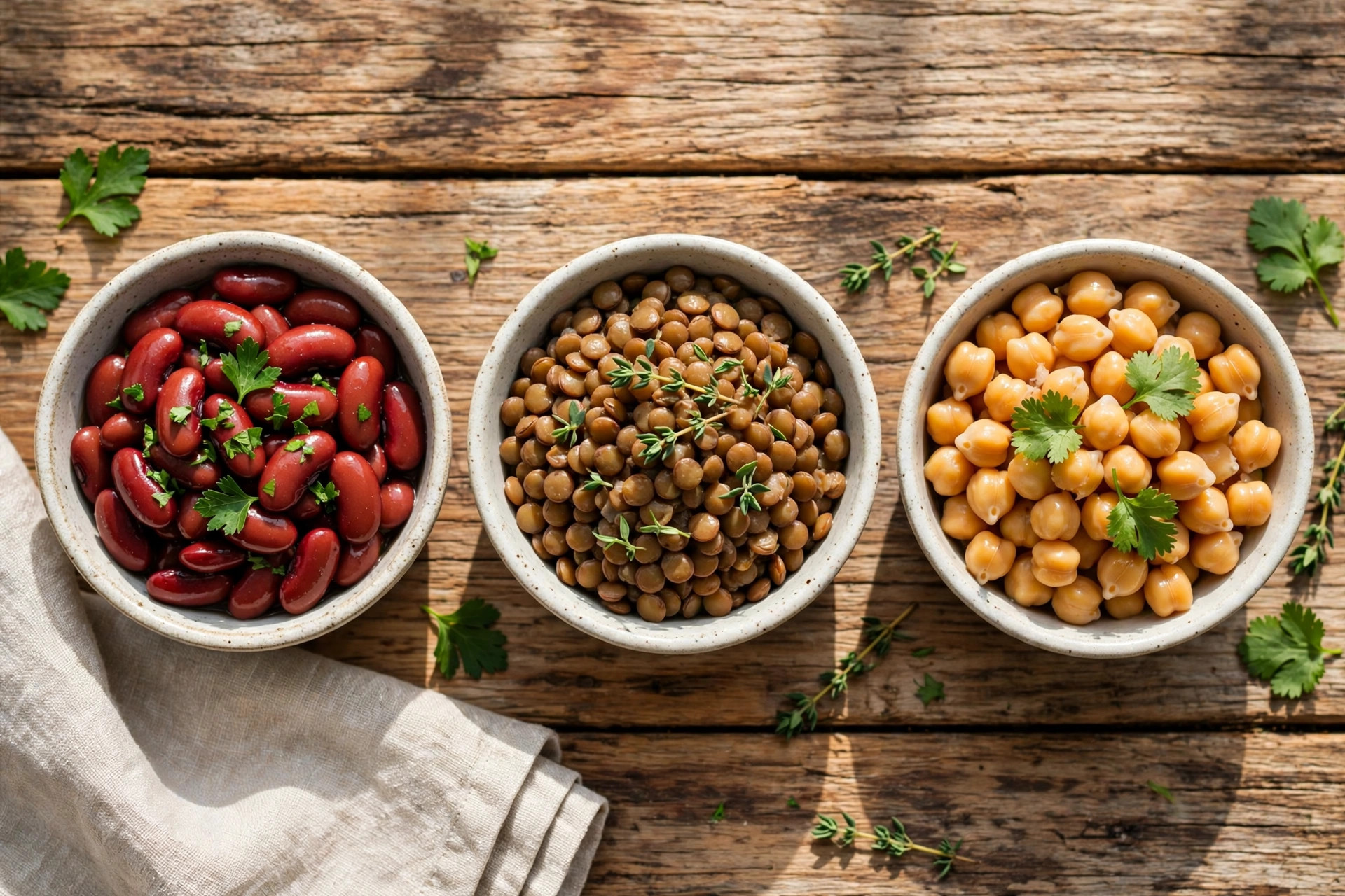 Three bowls of cooked kidney beans, brown lentils and chickpeas garnished with herbs