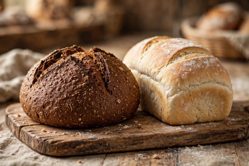 Two rustic loaves side by side, dark brown wholemeal and pale white bread