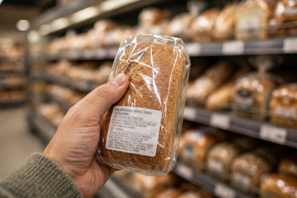 A shopper reading the ingredient label on a loaf of bread in a supermarket