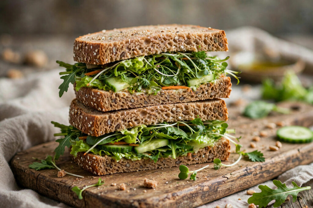 A hearty sandwich made with brown wholemeal bread filled with salad