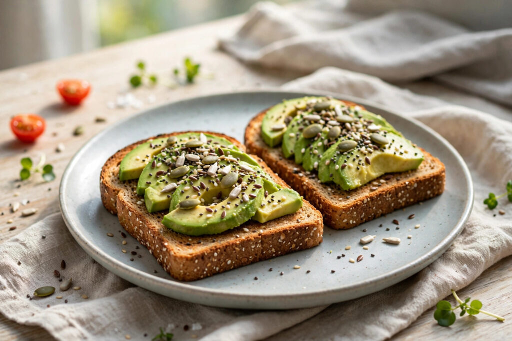 Wholemeal toast topped with avocado and seeds on a breakfast table