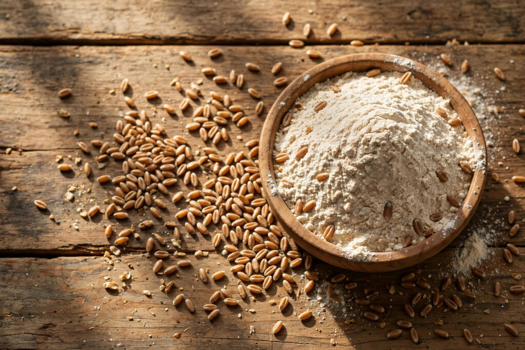 Whole wheat grains and flour showing the parts of the grain