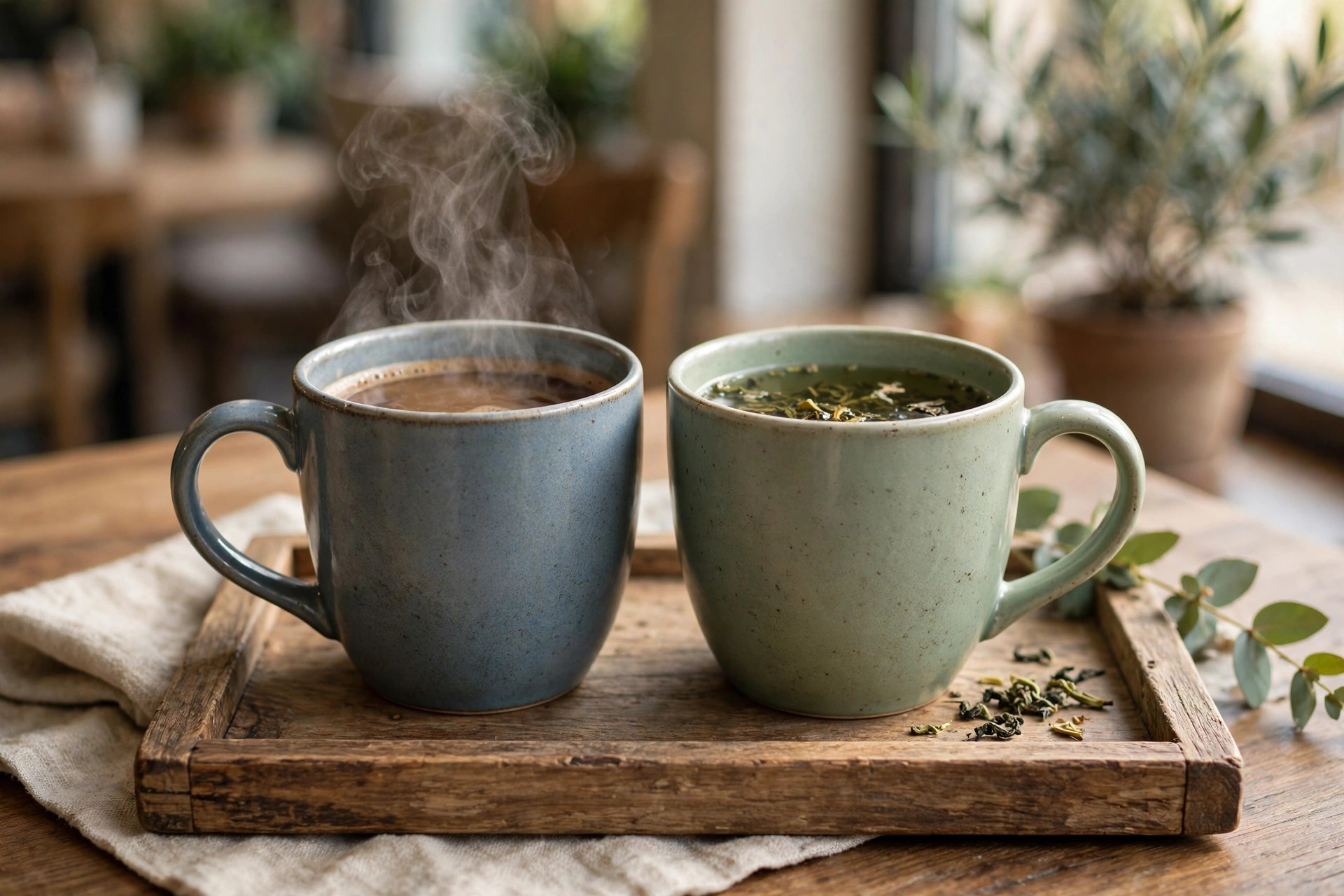 A steaming cup of coffee next to a cup of herbal tea with tea leaves on a wooden tray