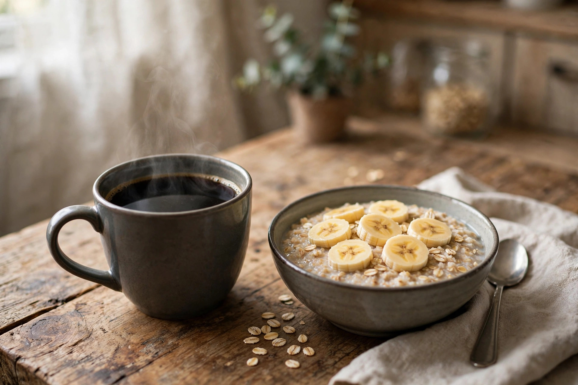 A cup of black coffee beside a bowl of oats with banana slices on a wooden table