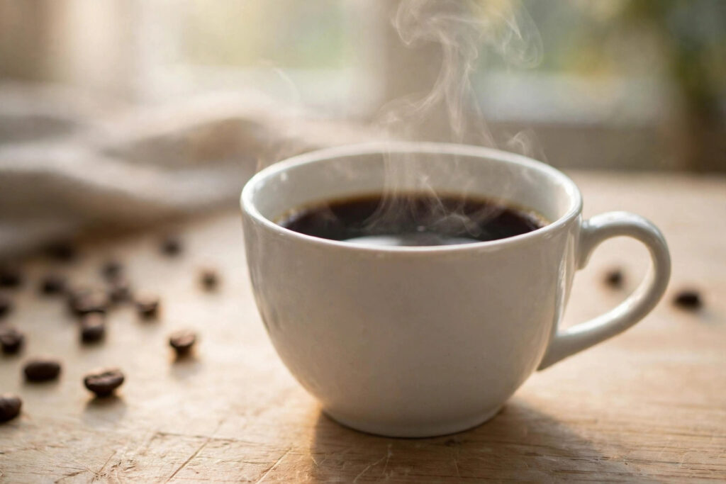 A steaming white cup of black coffee on a wooden table with scattered coffee beans