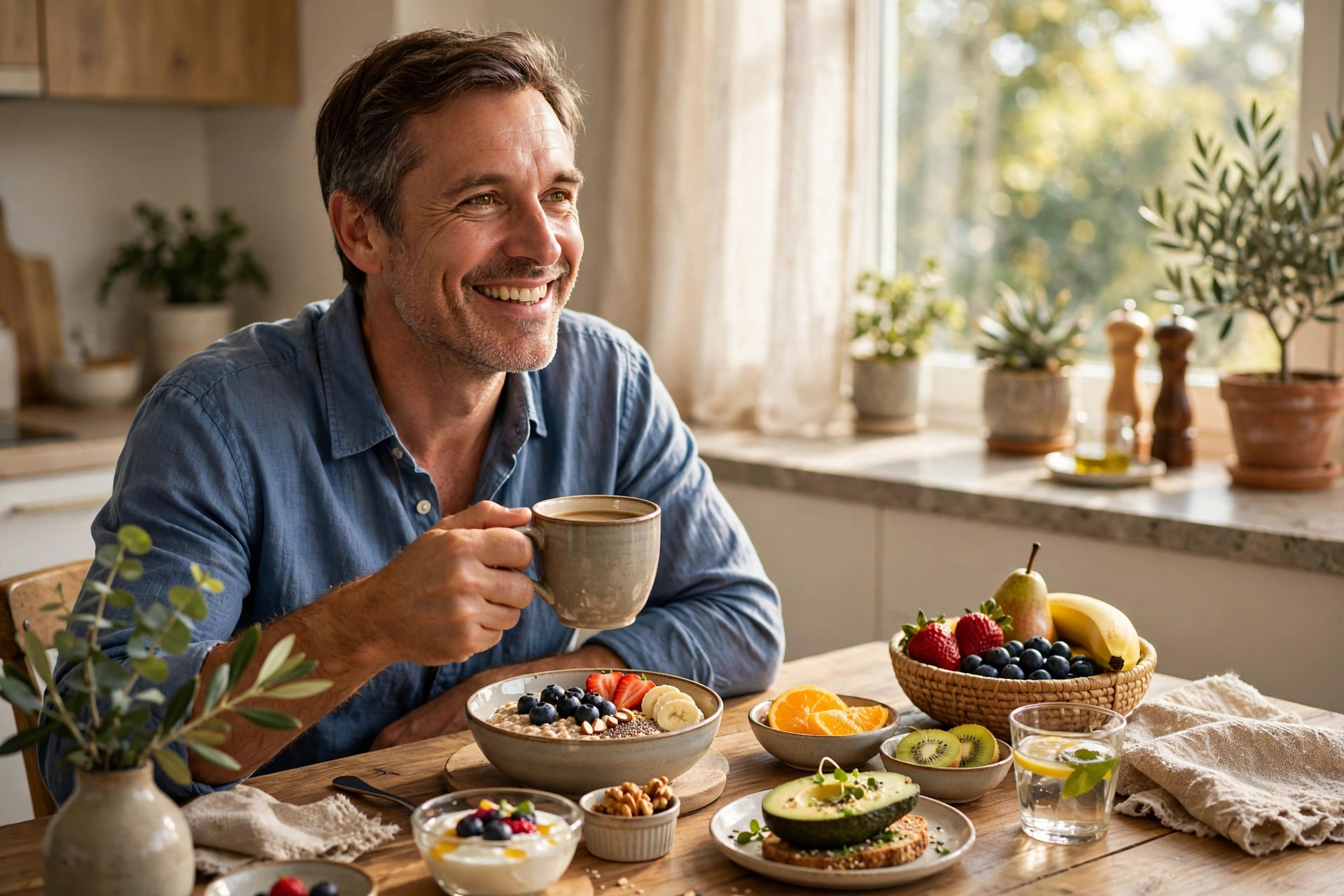 A smiling man enjoying coffee with a healthy fruit breakfast at a sunny kitchen table