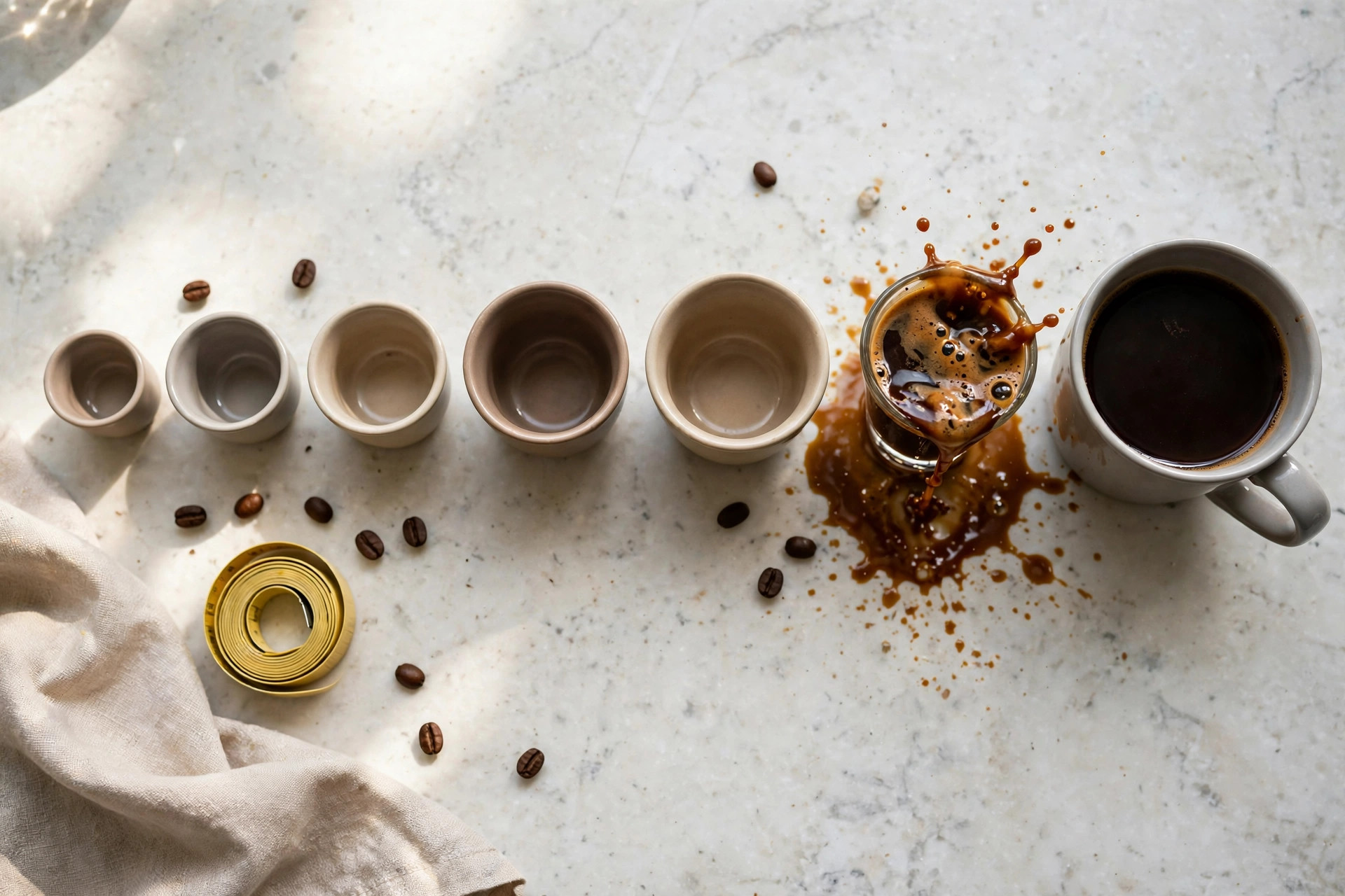 Different coffee cup sizes lined up on a kitchen counter showing how serving sizes vary