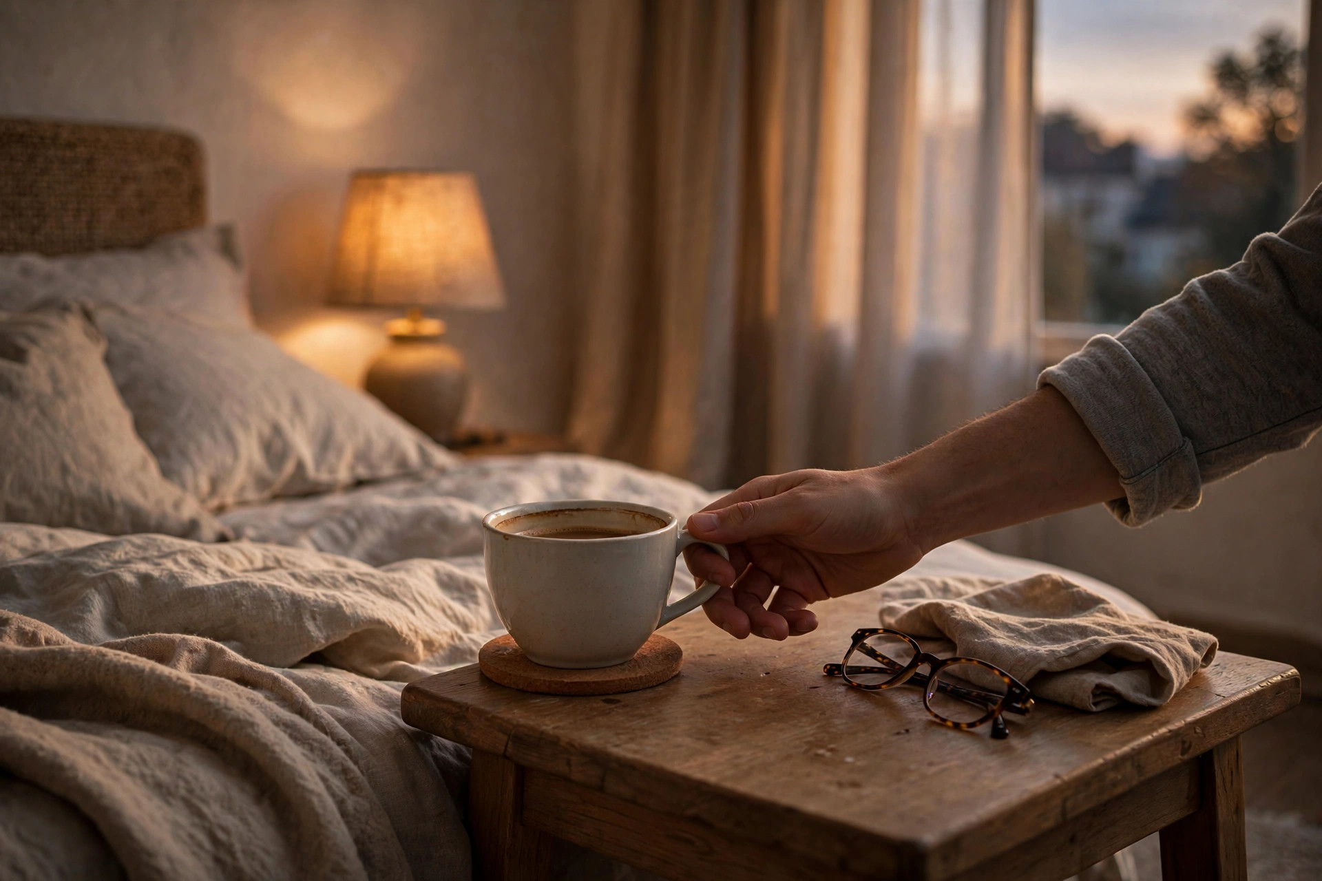 A hand pushing away a half-finished cup of coffee beside a bed with a dim bedside lamp