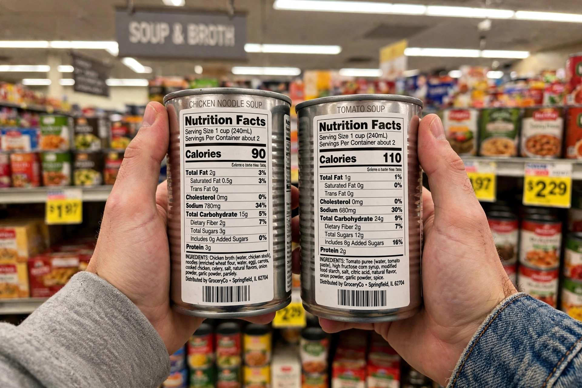 A shopper holding two soup cans side by side, comparing their back nutrition labels in a supermarket aisle