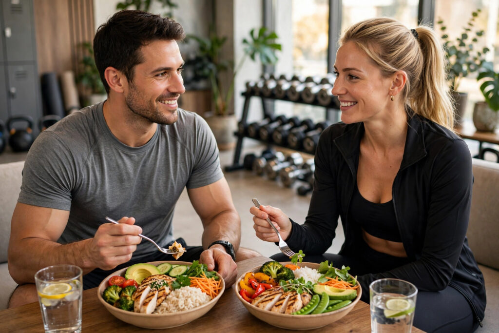 Two gym-goers enjoying balanced meal prep bowls in a bright gym lounge