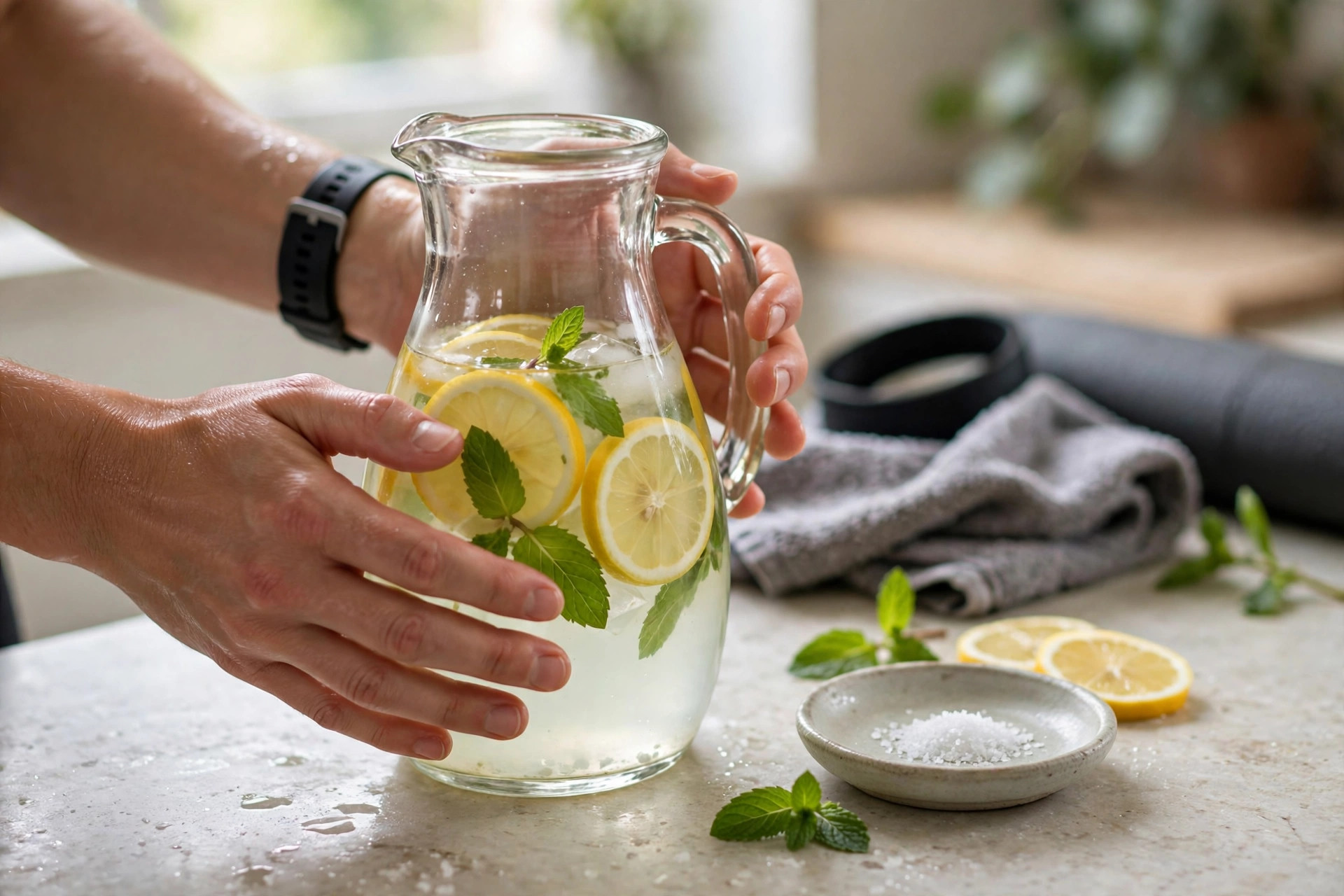 Hands pouring homemade electrolyte water with lemon and mint