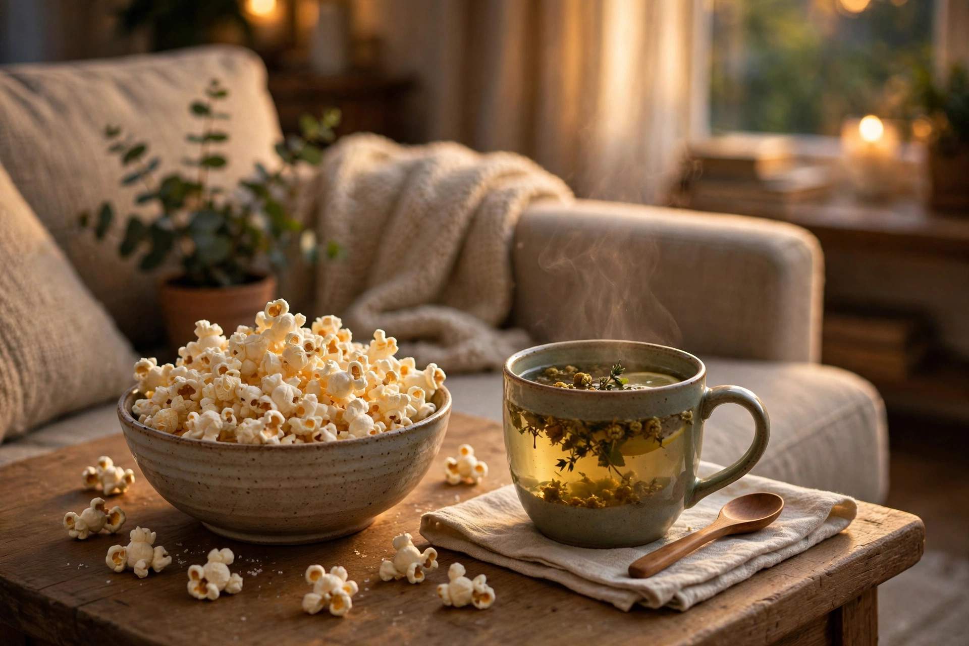 A bowl of air-popped popcorn with a cup of herbal tea on a sofa side table in warm evening light