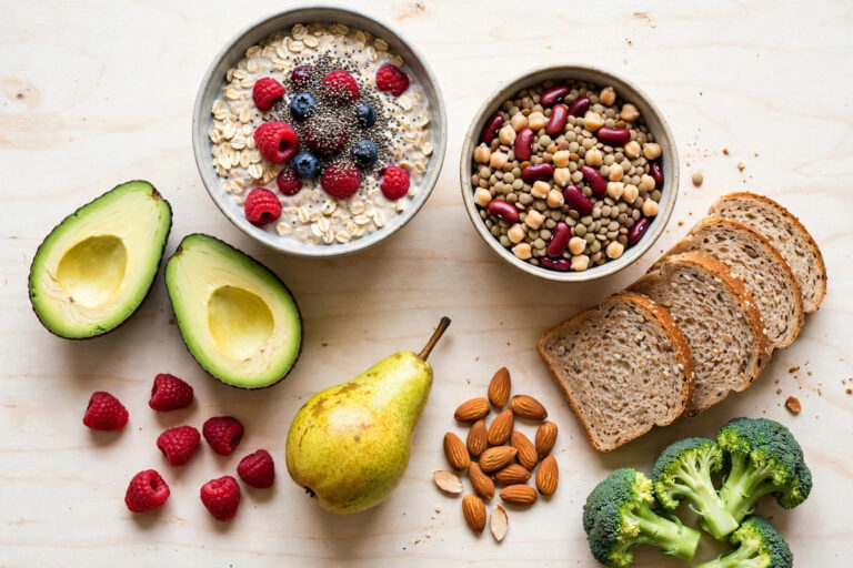 Top-down flat lay of high-fiber foods including oats with berries, mixed beans, avocado, pear, almonds, wholegrain bread and broccoli
