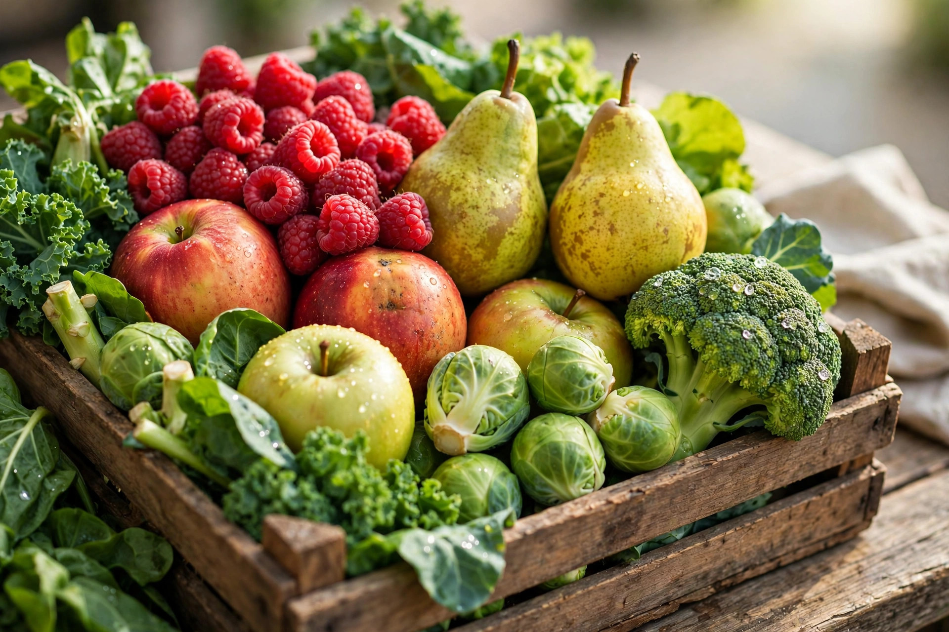 A wooden crate of fresh raspberries, pears, apples, broccoli, Brussels sprouts and leafy greens