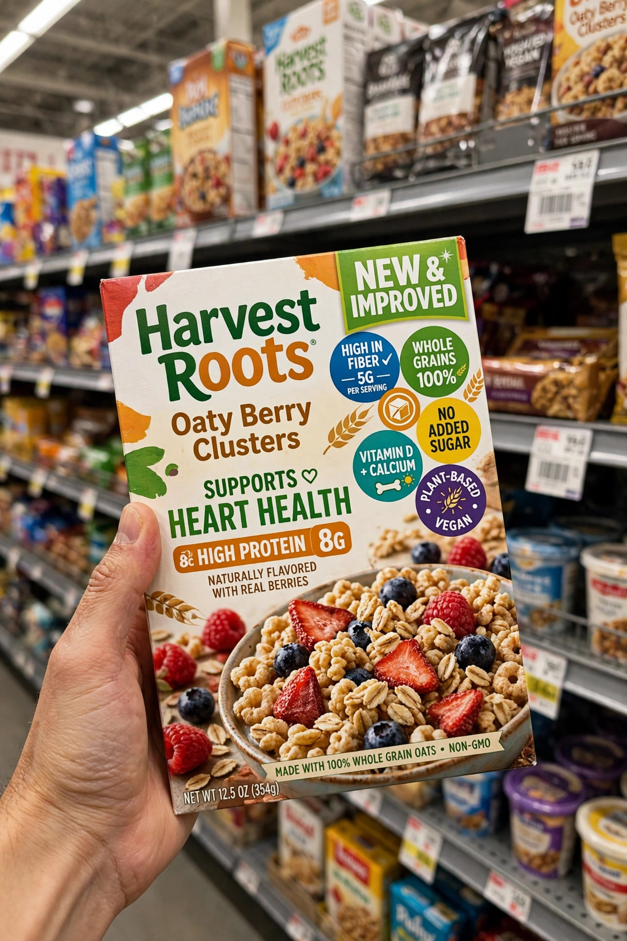 Front of a breakfast cereal box showing health marketing claims and colourful badges
