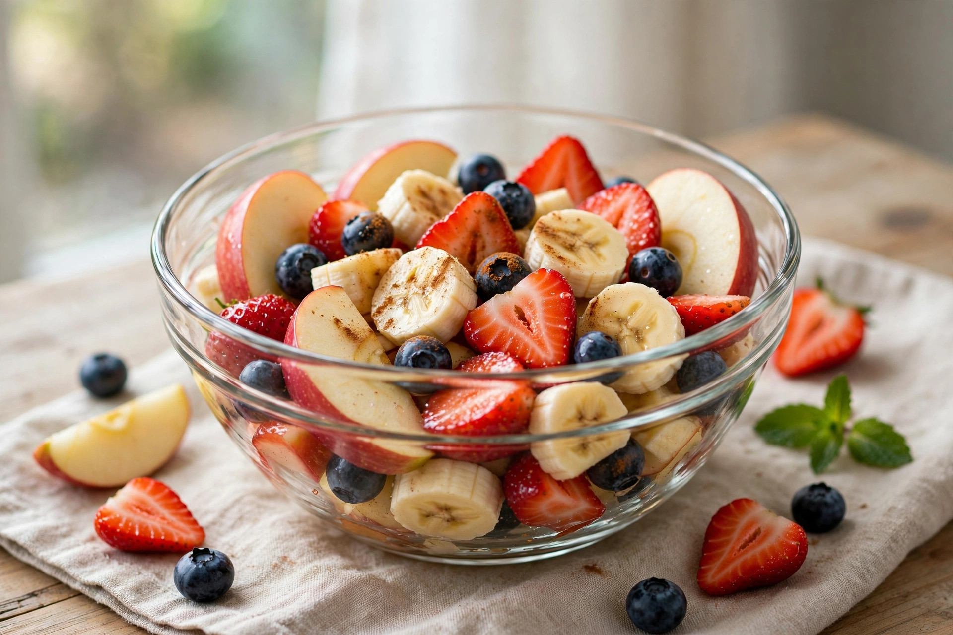 A glass bowl of sliced apple, strawberries, blueberries and banana with a sprinkle of cinnamon