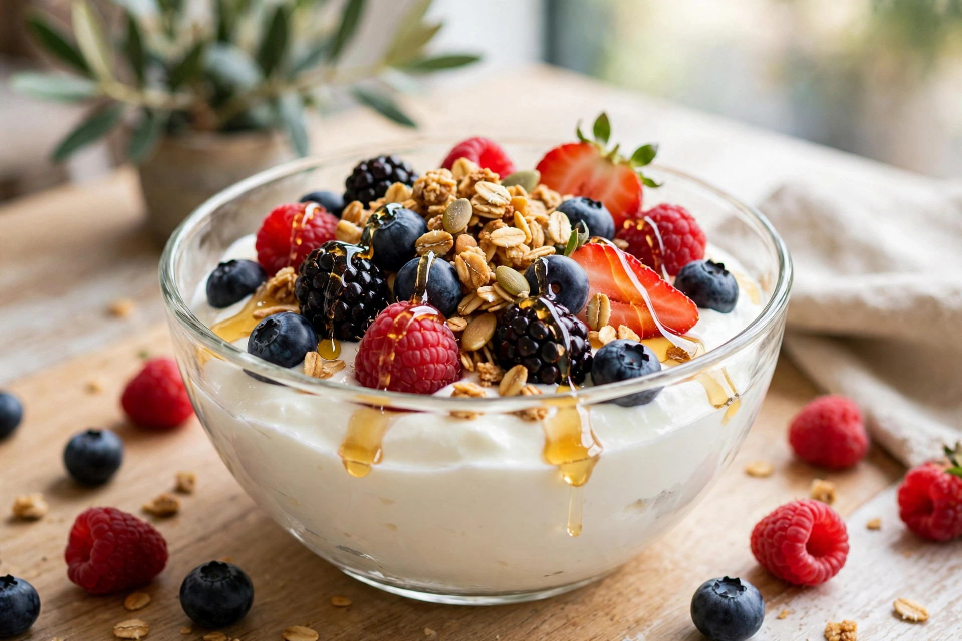 A Greek yoghurt bowl with berries, granola and honey
