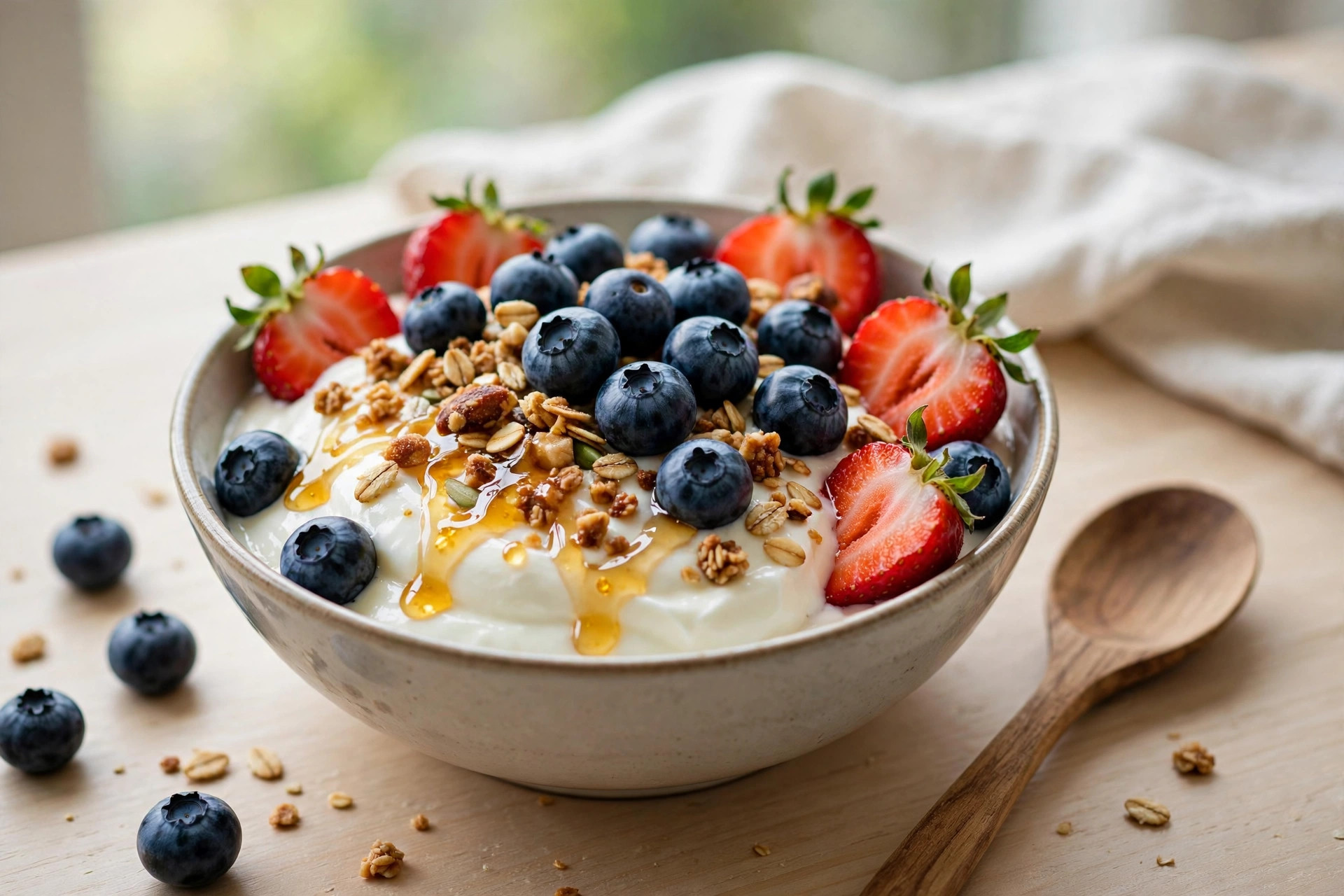 Greek yogurt bowl topped with blueberries, strawberries, granola, and honey