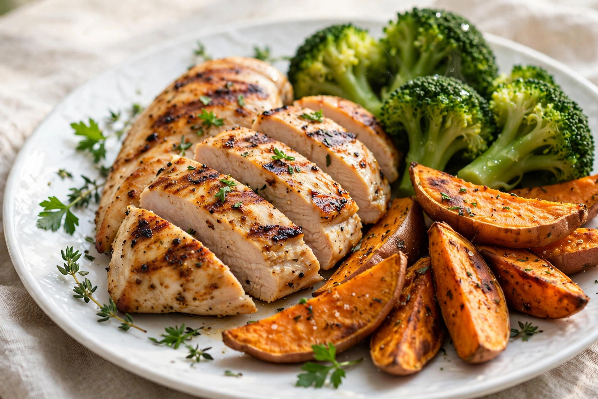 Sliced grilled chicken breast served with broccoli and roasted sweet potato on a plate