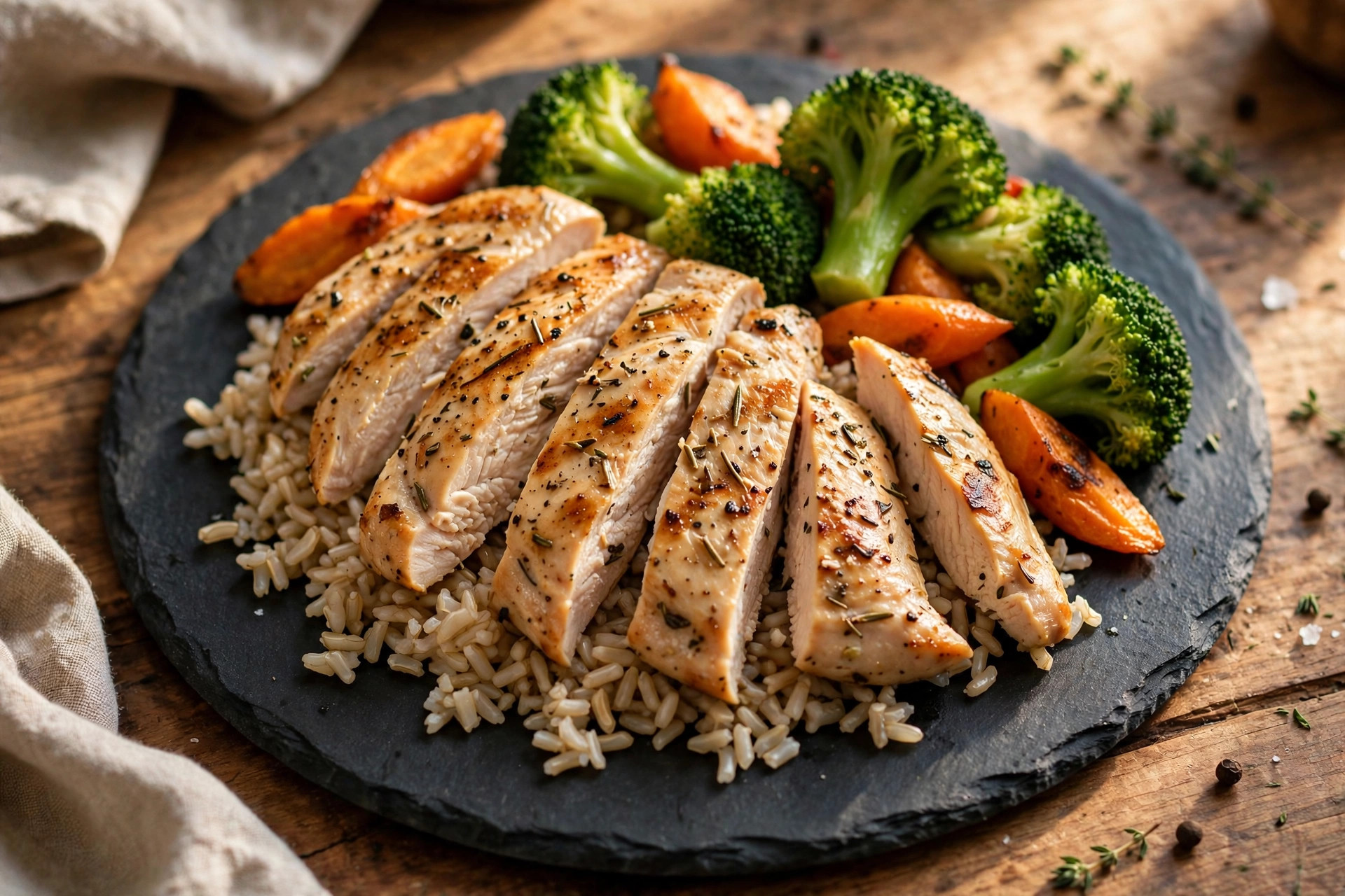 Grilled chicken over brown rice with broccoli and carrots