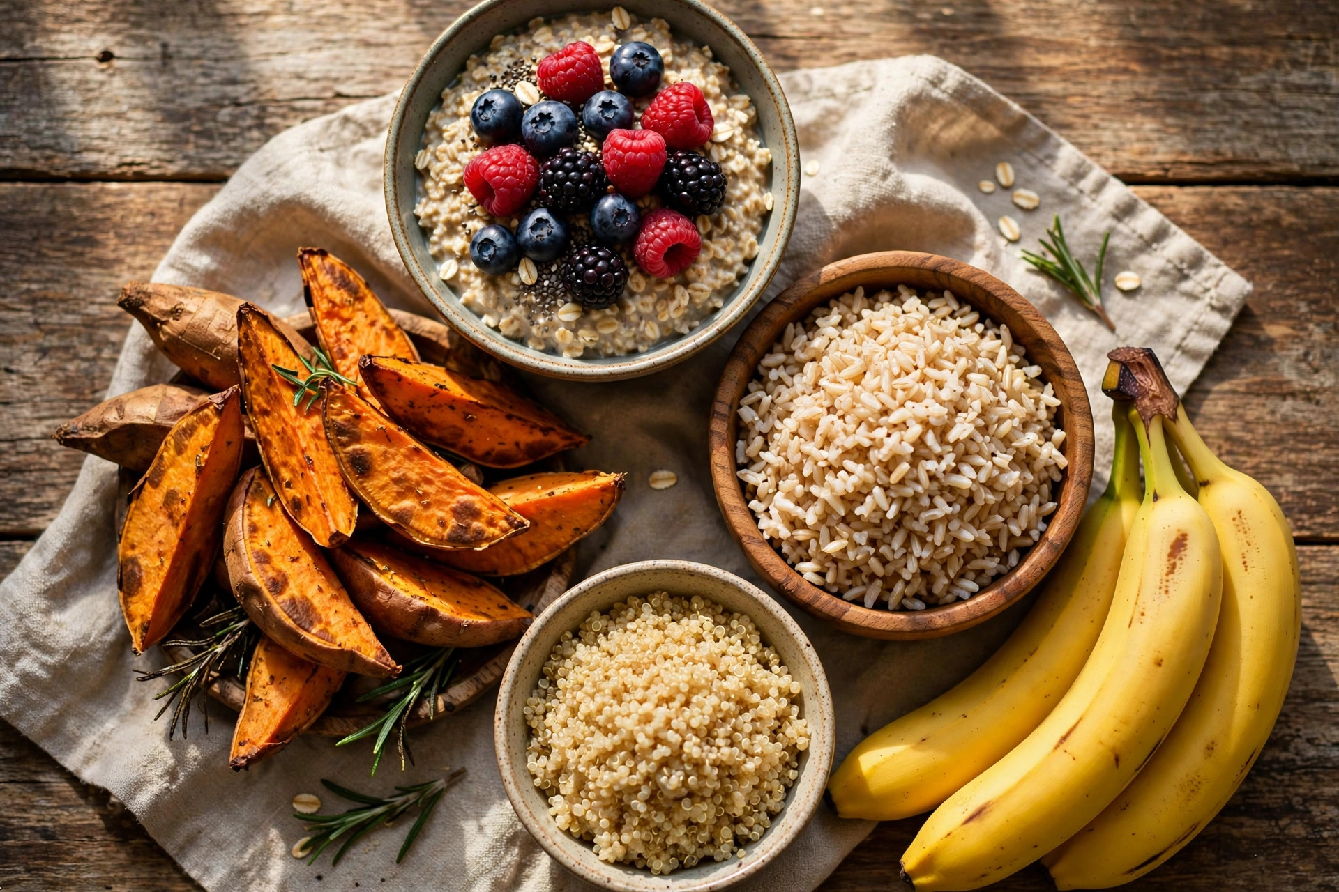 Healthy carb foods: oatmeal with berries, sweet potatoes, brown rice, quinoa, and bananas