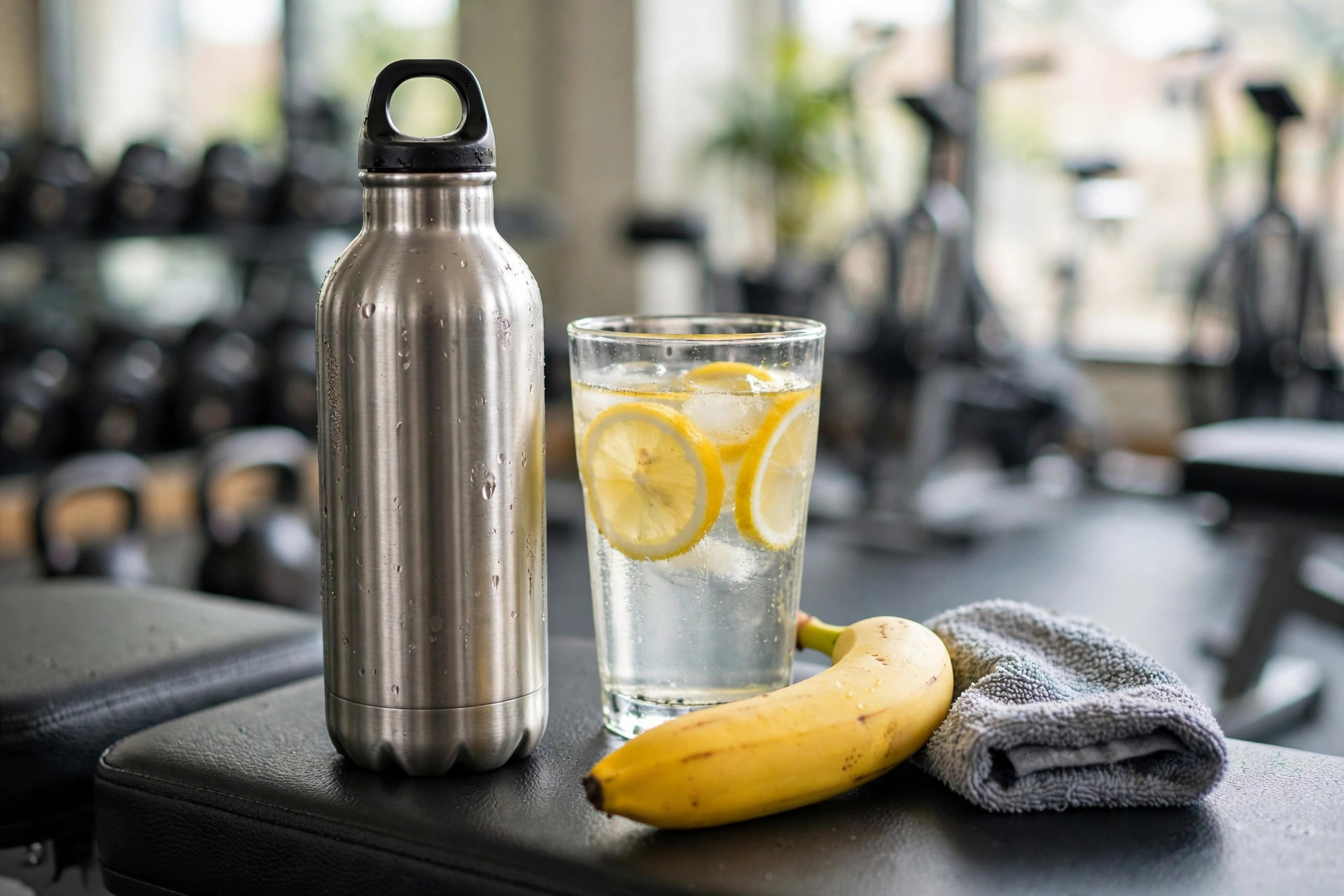 Water bottle and lemon water on a gym bench with a banana