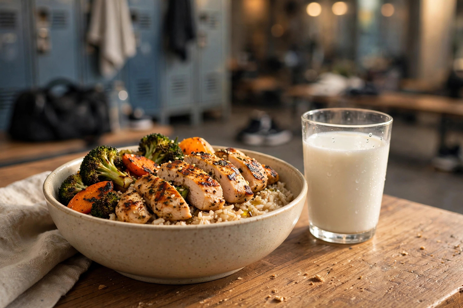 Post-workout bowl of chicken, brown rice, and vegetables with a glass of milk