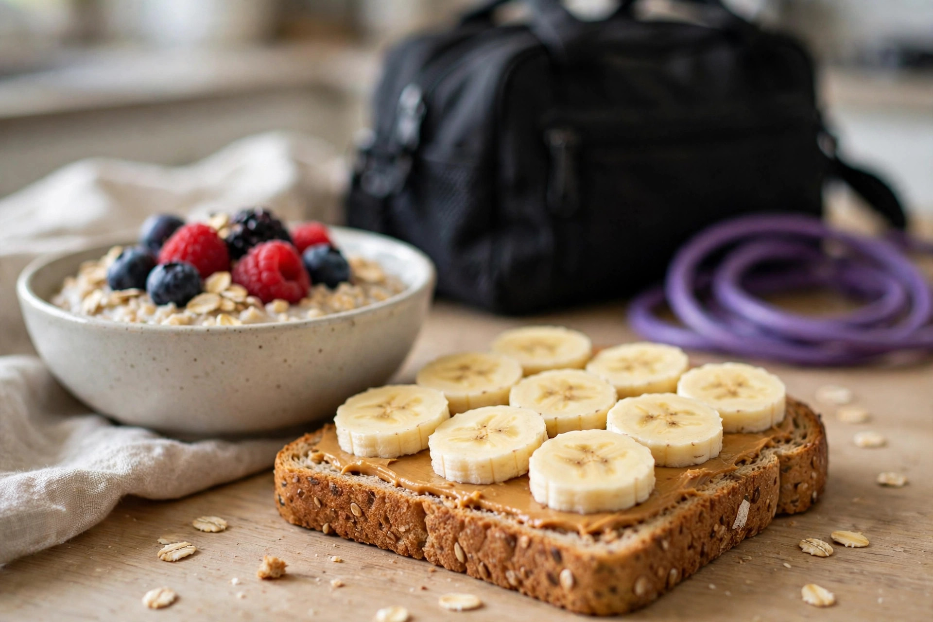 Peanut butter banana toast with oats and berries before a workout
