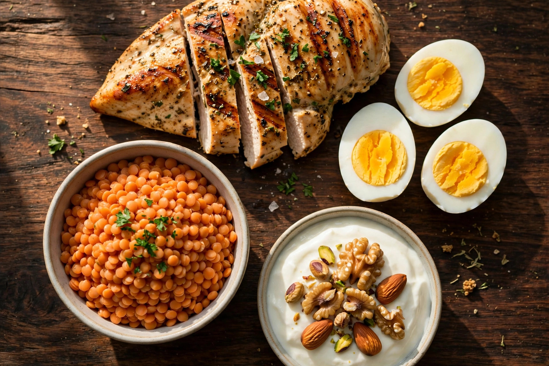 Protein-rich plate with grilled chicken, eggs, lentils, and yogurt with nuts