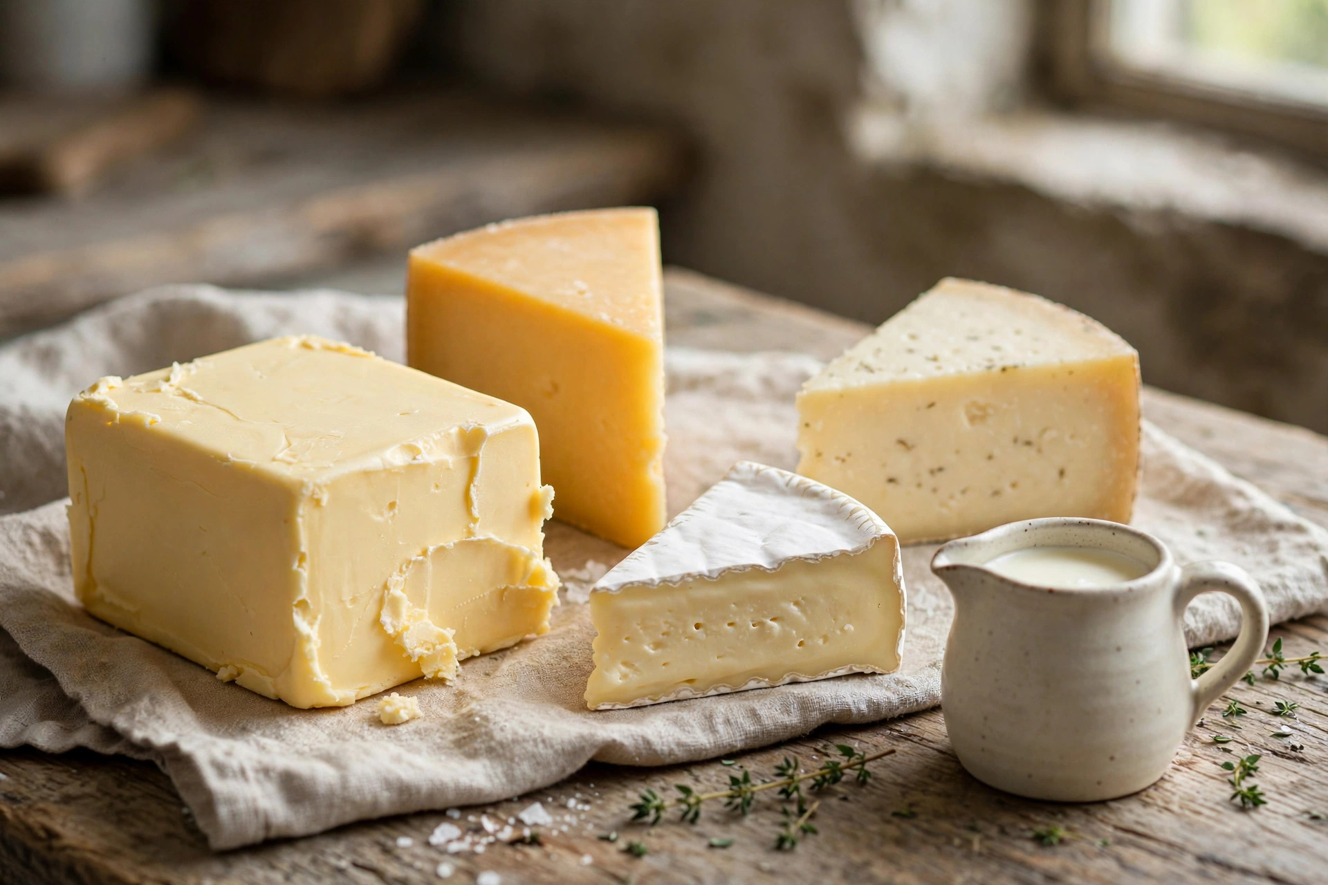 Butter, cheese and cream arranged on a kitchen counter