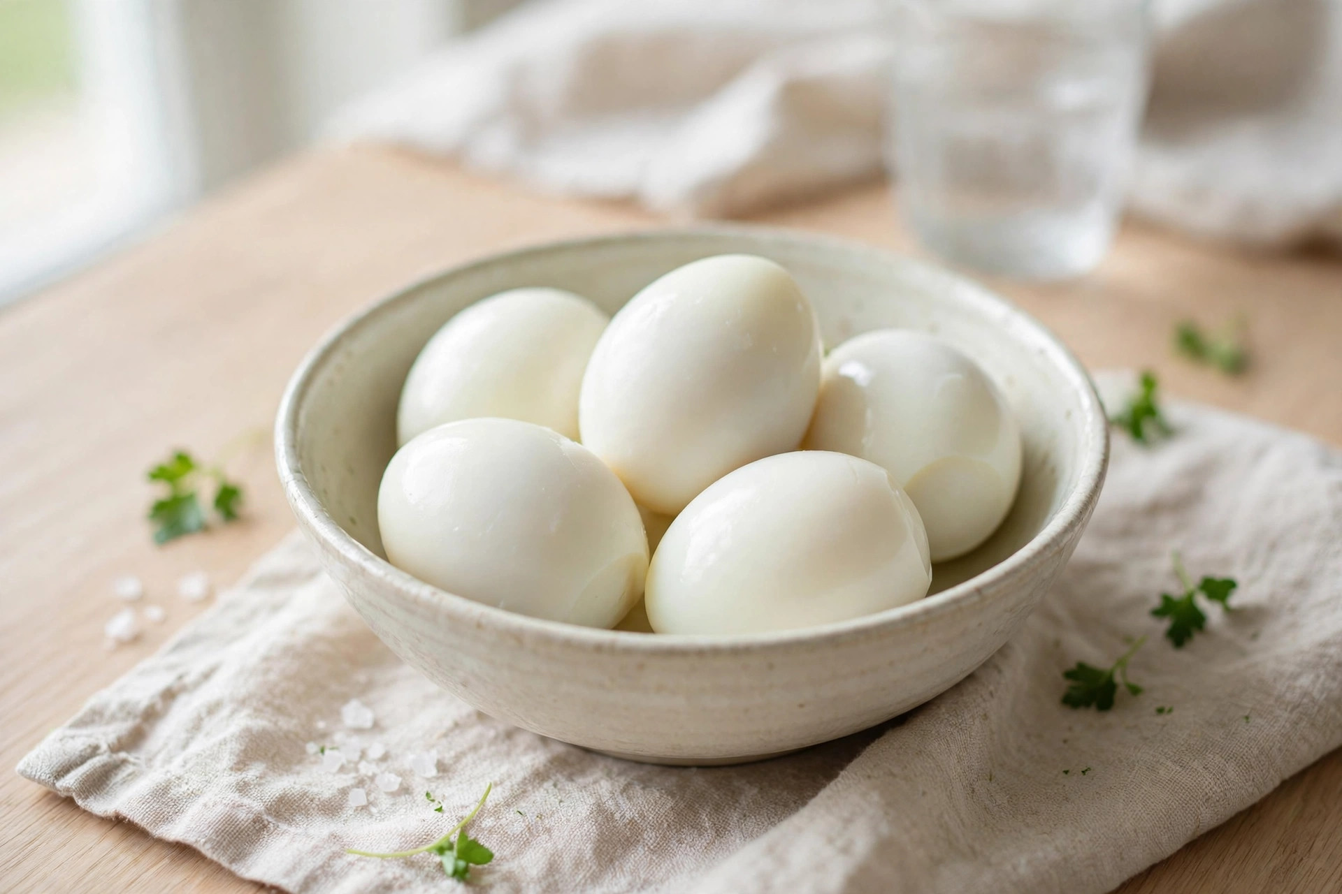 Boiled eggs in a bowl on a breakfast table