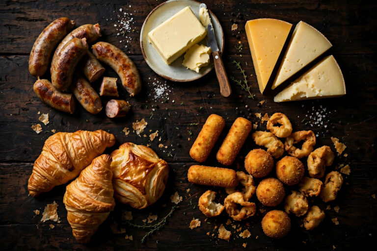 Overhead view of foods high in saturated fat: sausages, butter, cheese, pastries and fried snacks on a dark table