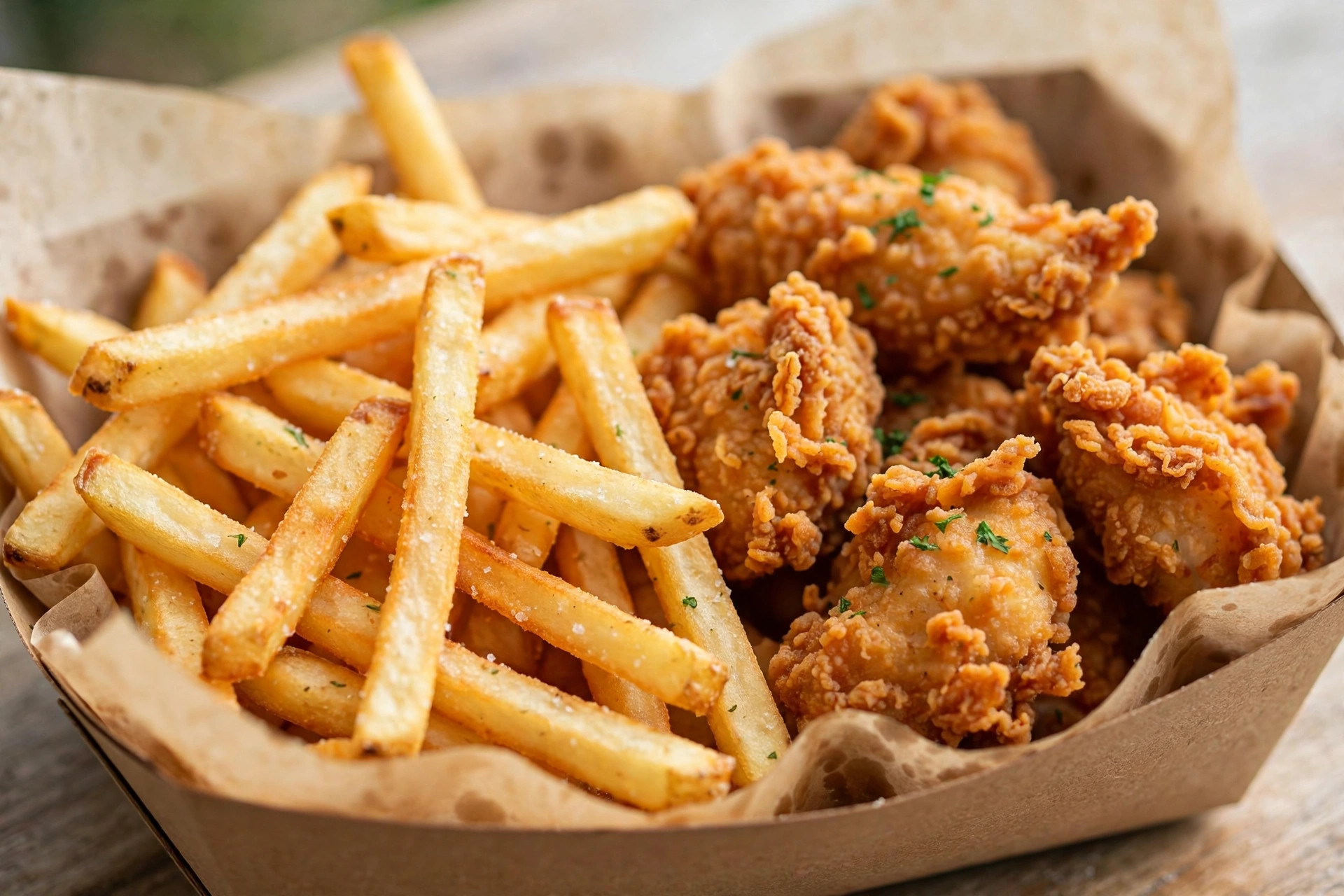 A basket of deep-fried fast food with french fries and fried chicken
