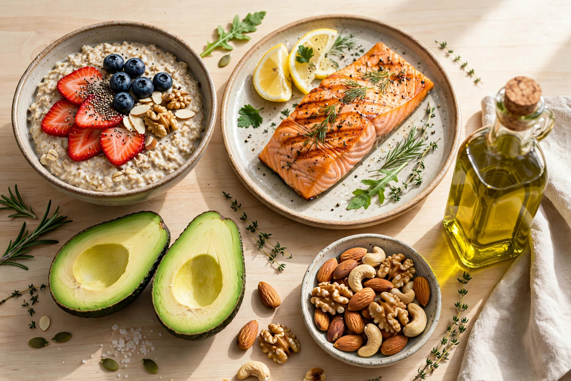 Heart-healthy foods including oatmeal, salmon, nuts, avocado and olive oil