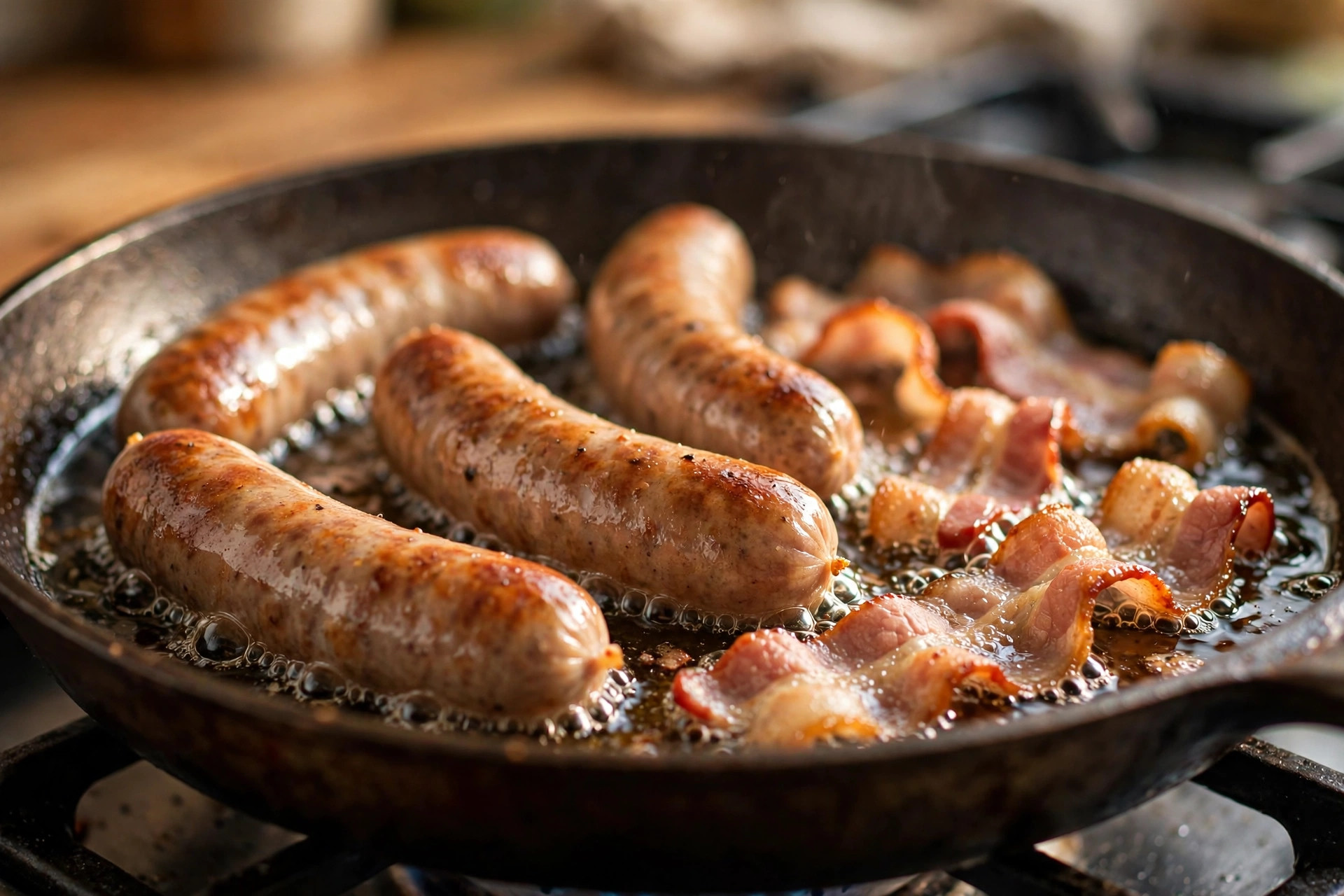 Sausages and bacon frying in a pan