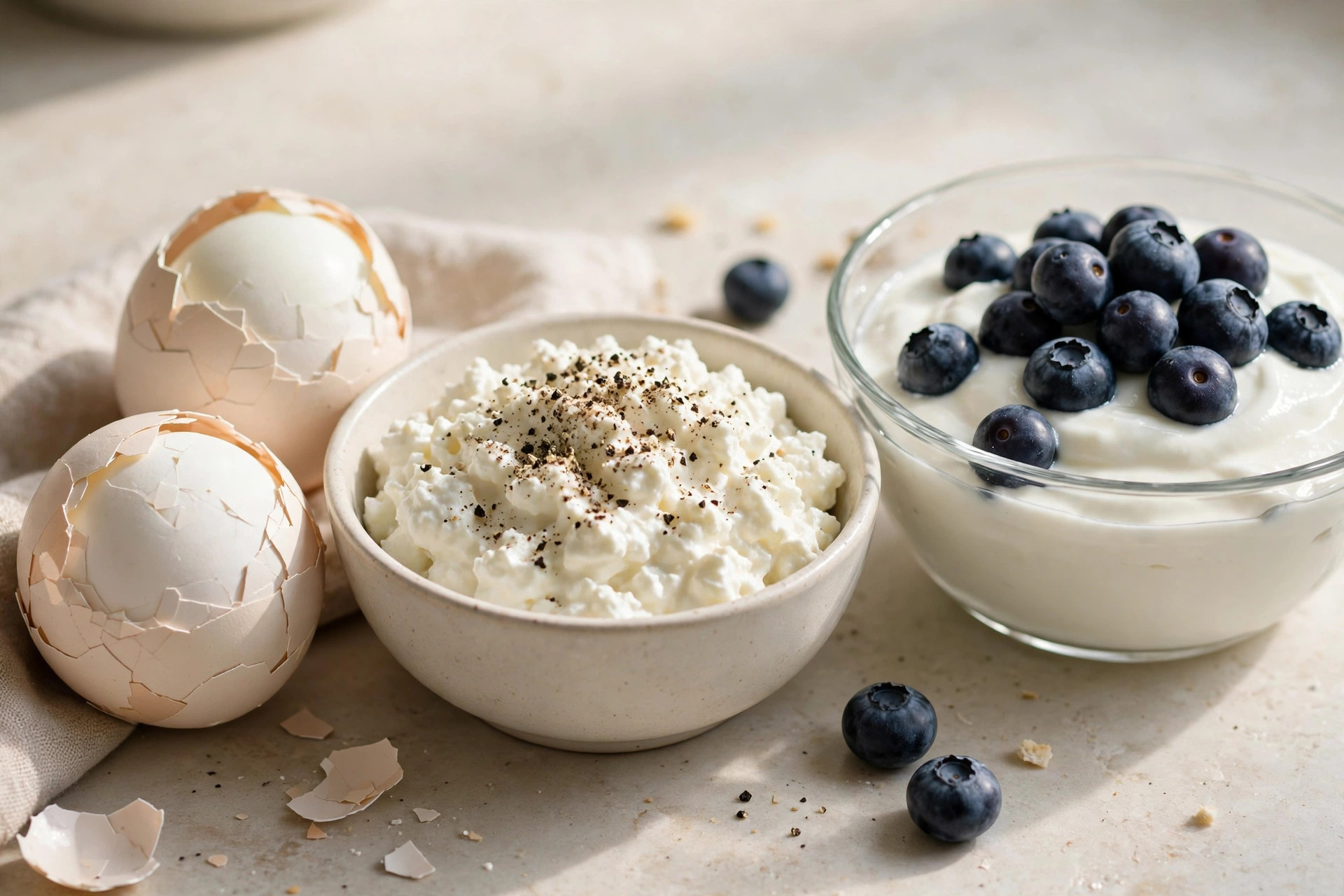 Boiled eggs, cottage cheese with black pepper and a bowl of greek yoghurt with blueberries on a kitchen counter
