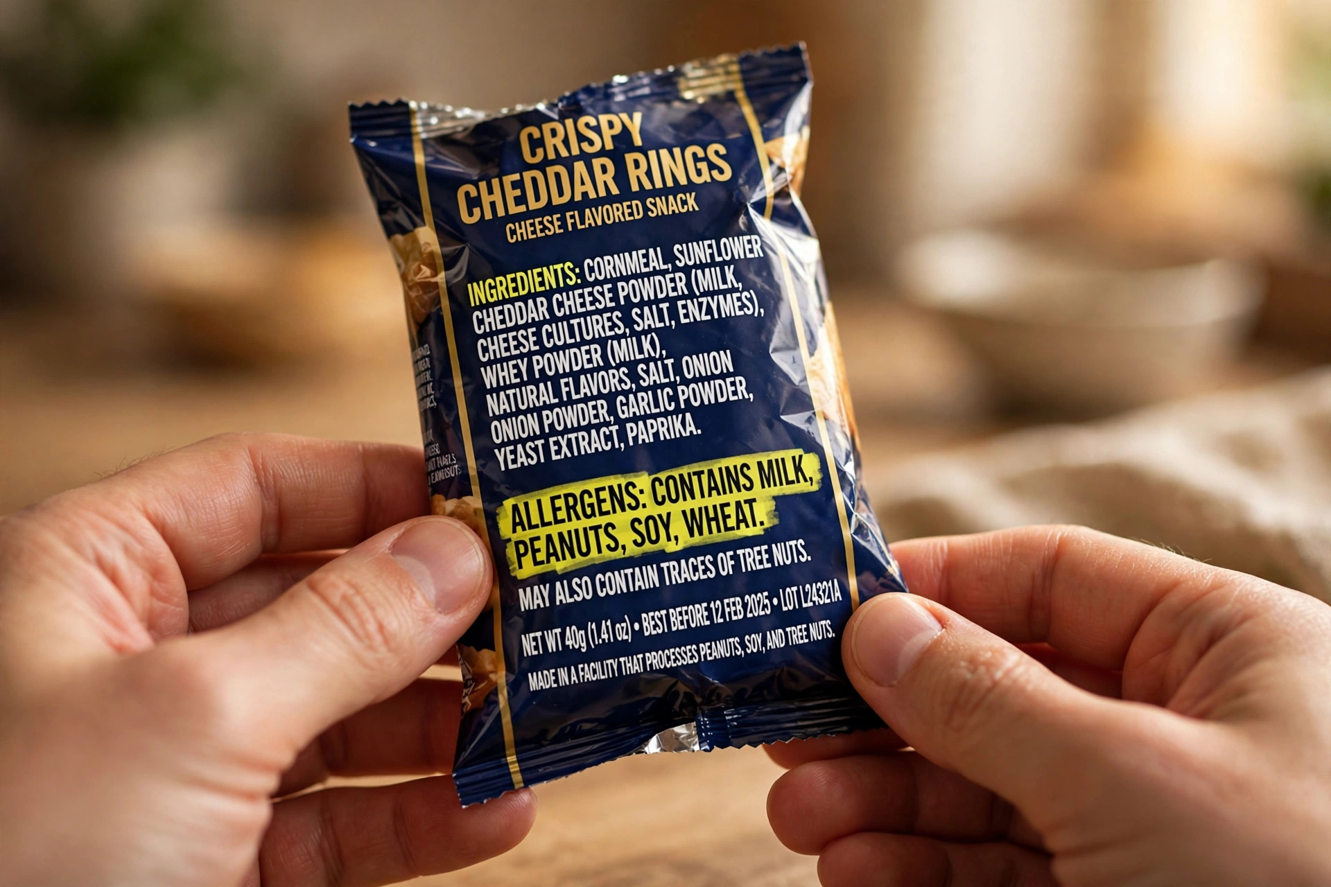 Close-up of an ingredients list on a snack packet with allergen words shown in bold