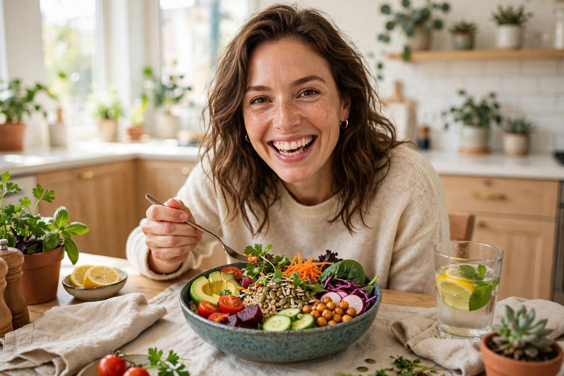 A smiling woman enjoying a colourful healthy lunch, looking full of energy
