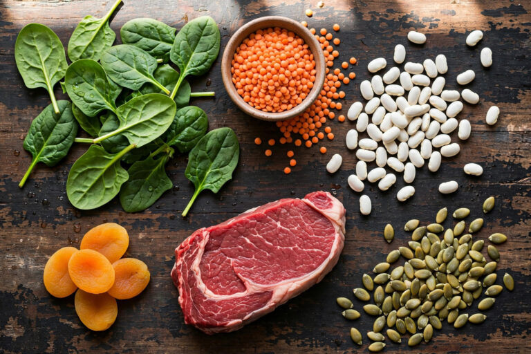 Flat lay of iron-rich foods including spinach, lentils, beans, pumpkin seeds and red meat