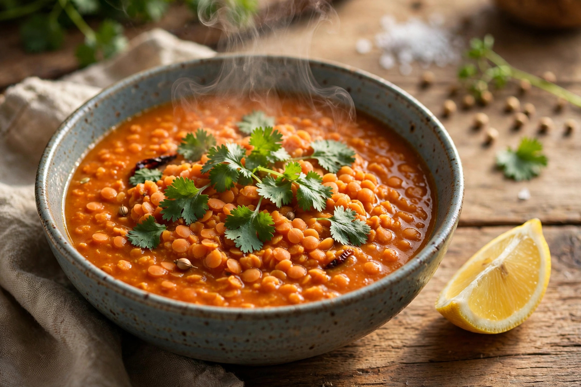 Steaming bowl of red lentil dal with a lemon wedge on the side