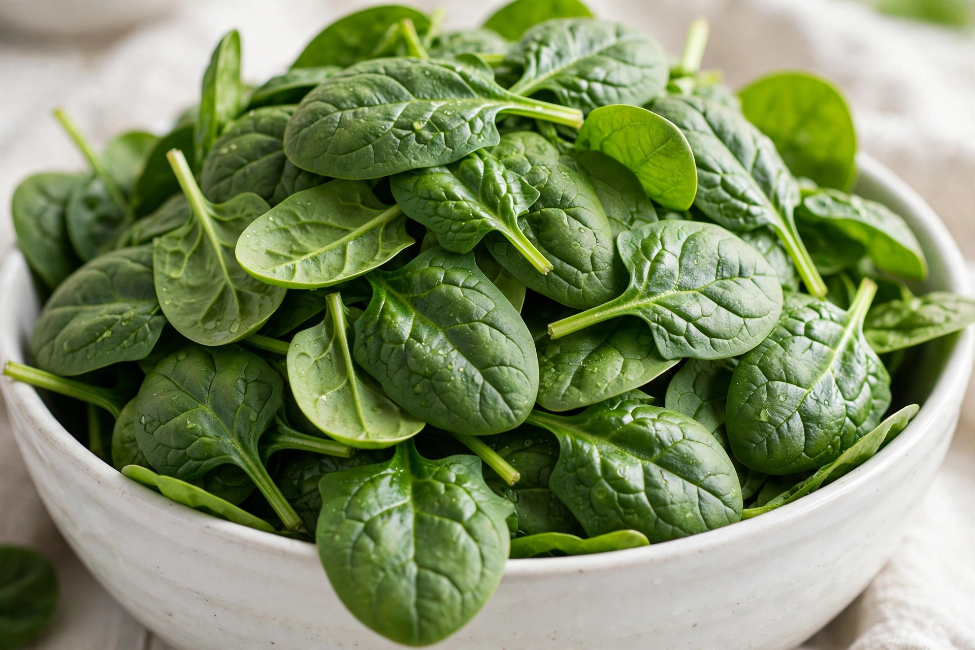 Fresh green spinach leaves piled in a white bowl