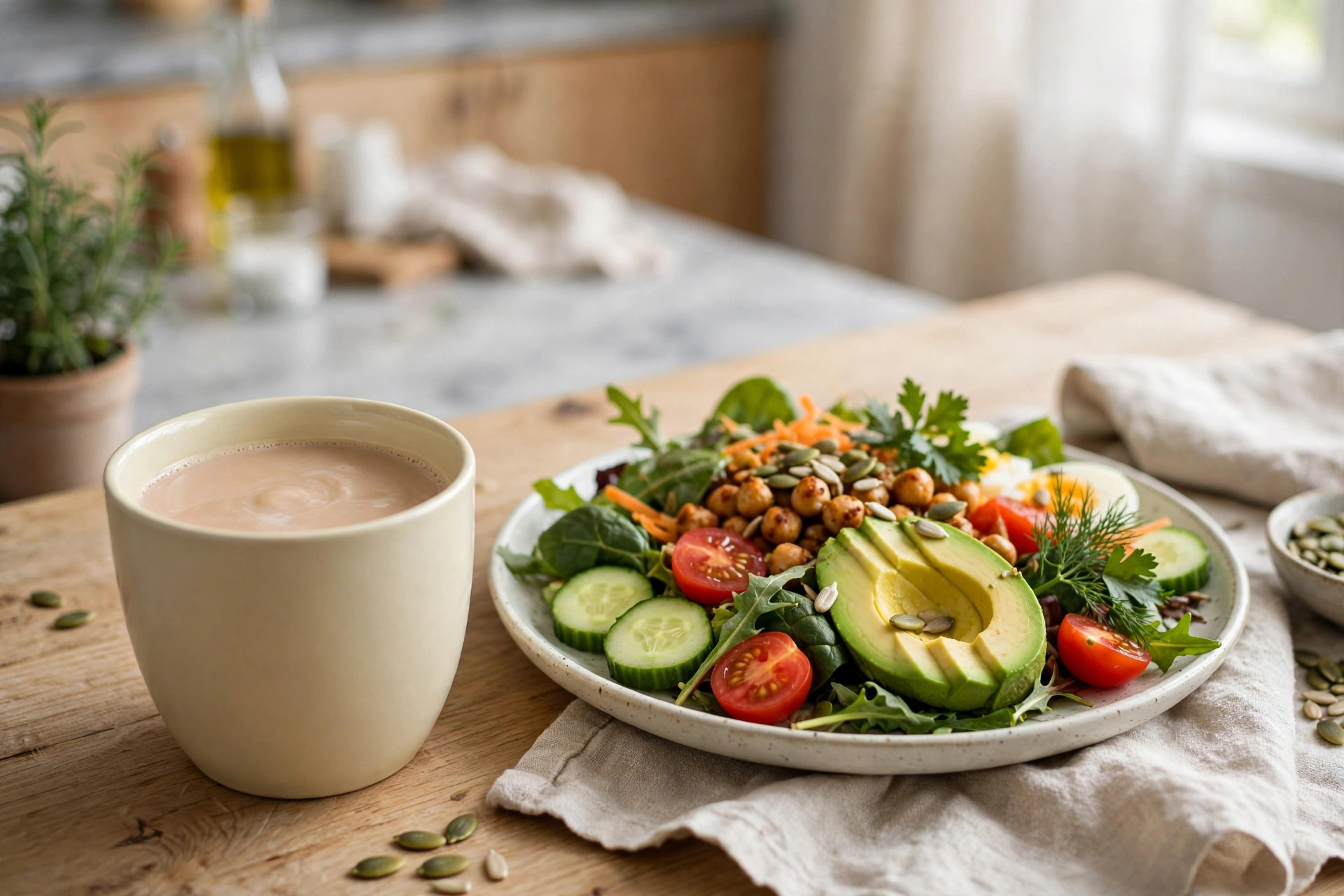 A cup of tea set beside a plate of food, showing what to keep away from mealtimes