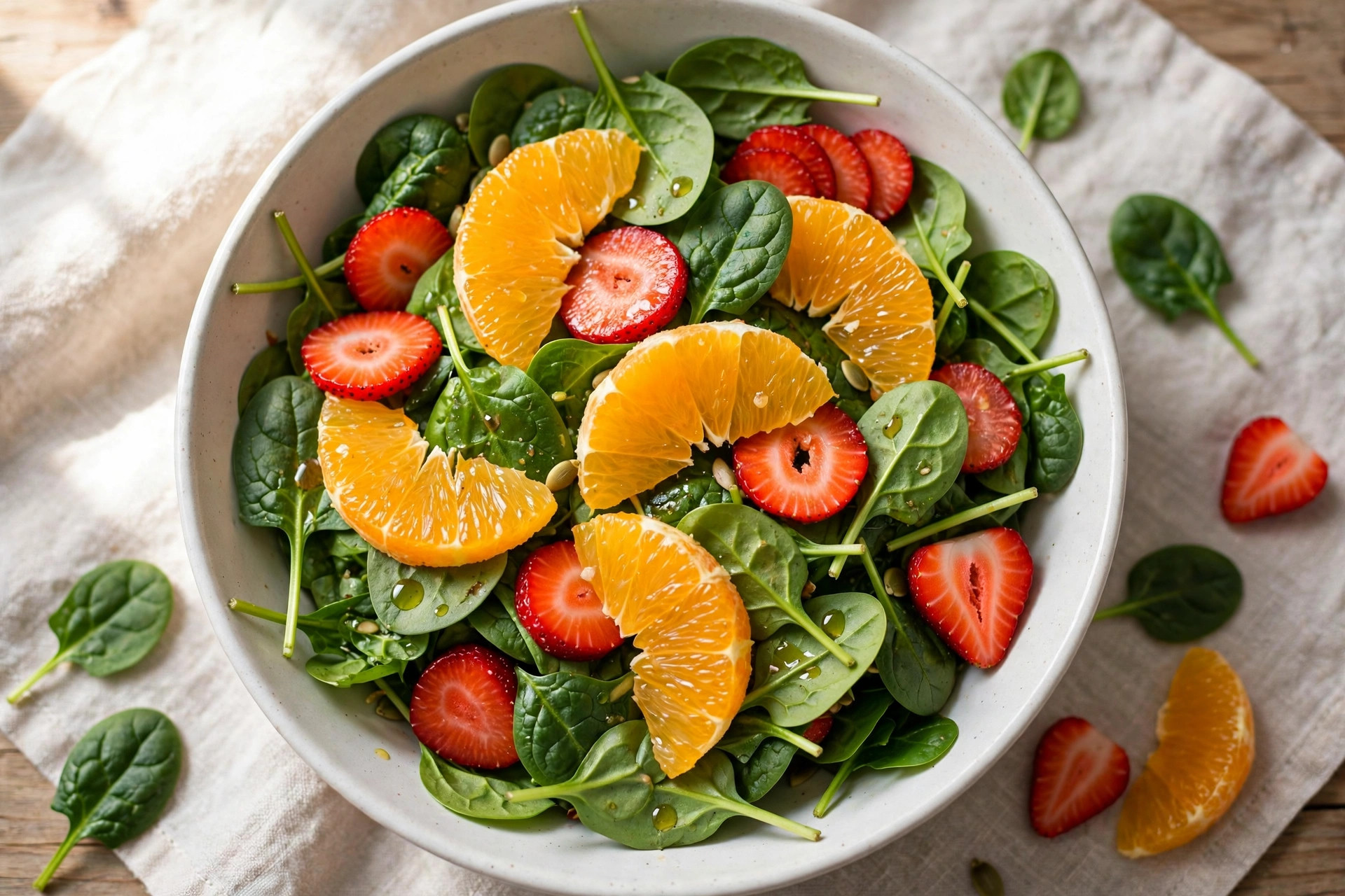 Spinach salad topped with orange segments and strawberries