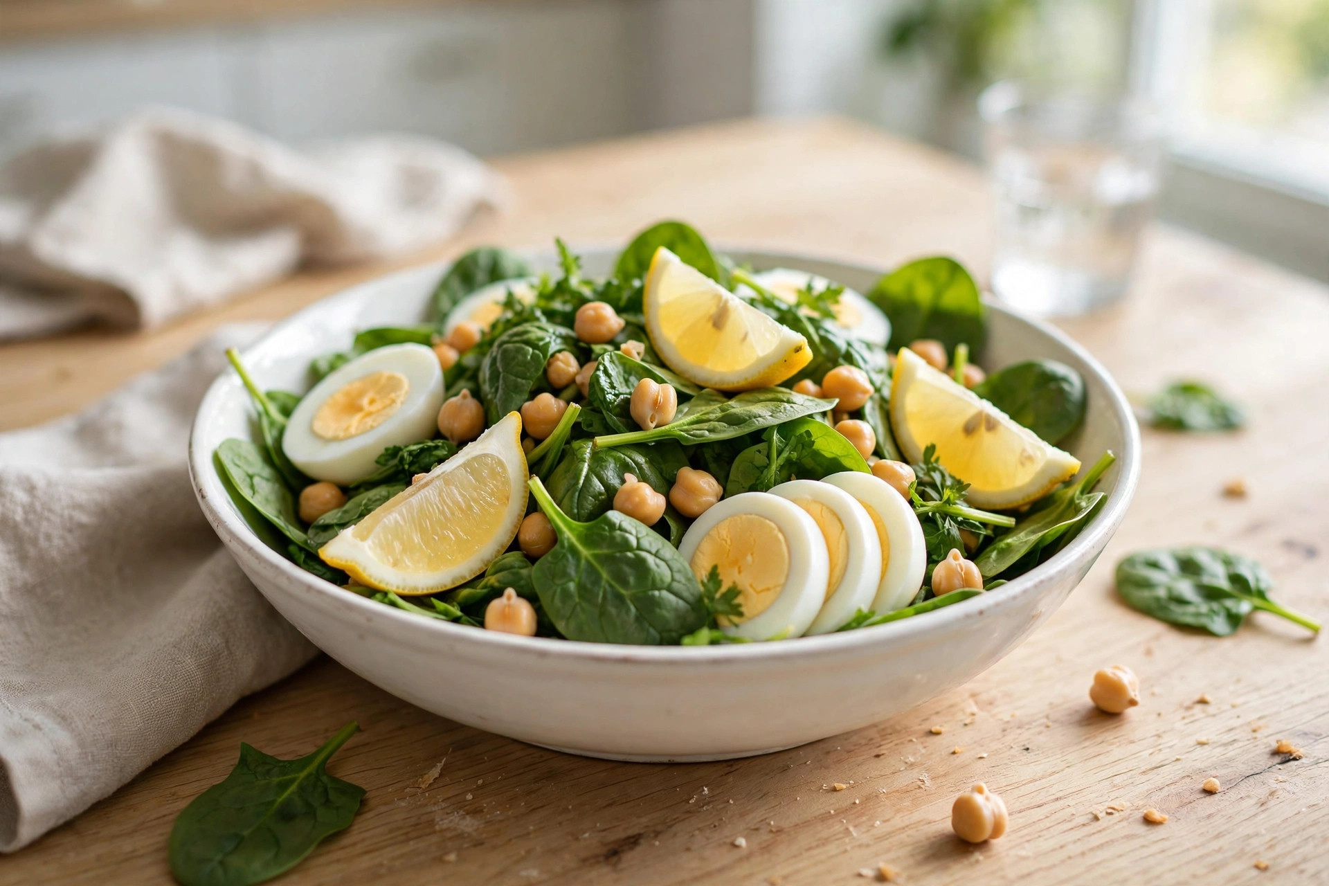 A fresh spinach salad topped with sliced boiled eggs, chickpeas and lemon wedges in a white bowl