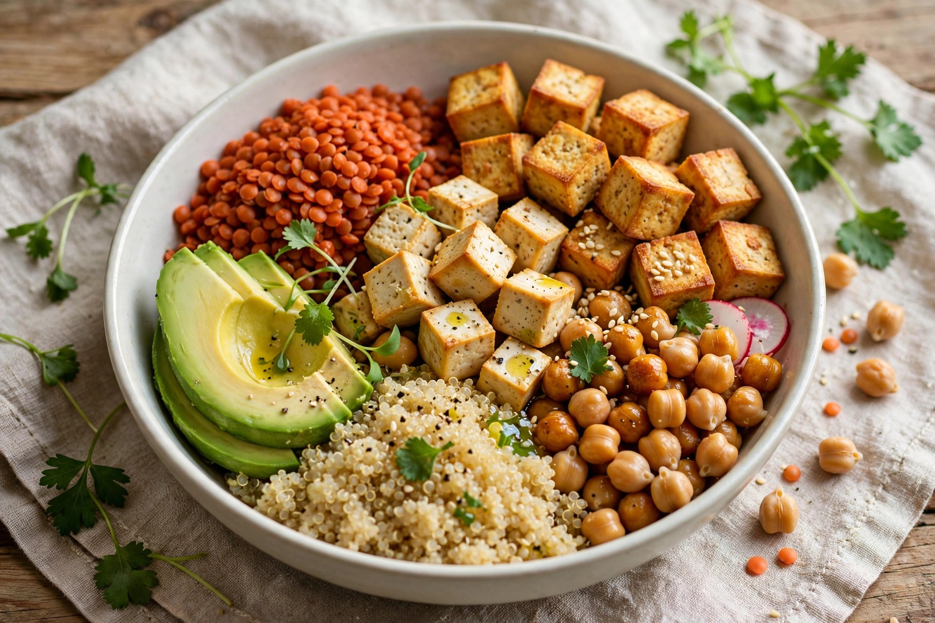 Plant-based protein bowl with lentils, tofu, chickpeas, quinoa, and avocado