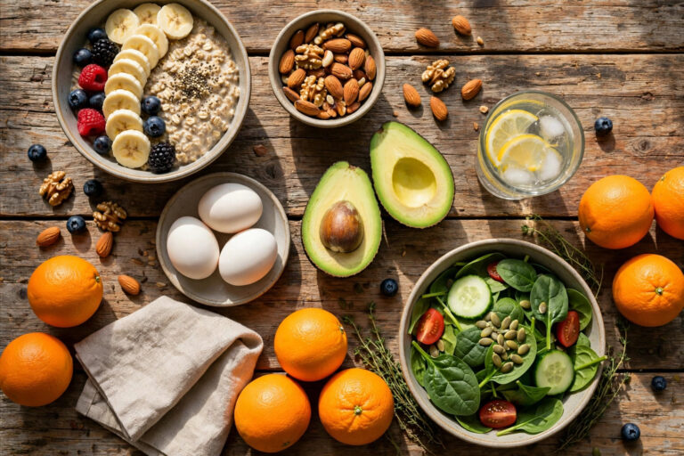 A wooden table spread with energy-boosting foods including oatmeal with banana and berries, mixed nuts, boiled eggs, avocado, spinach salad, oranges and a glass of lemon water