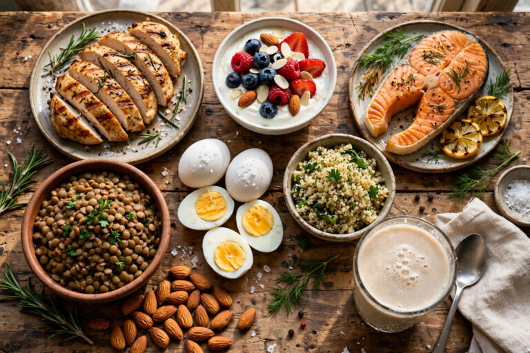 Flat-lay of muscle-building foods including grilled chicken, salmon, eggs, Greek yogurt, lentils, and quinoa on a wooden table