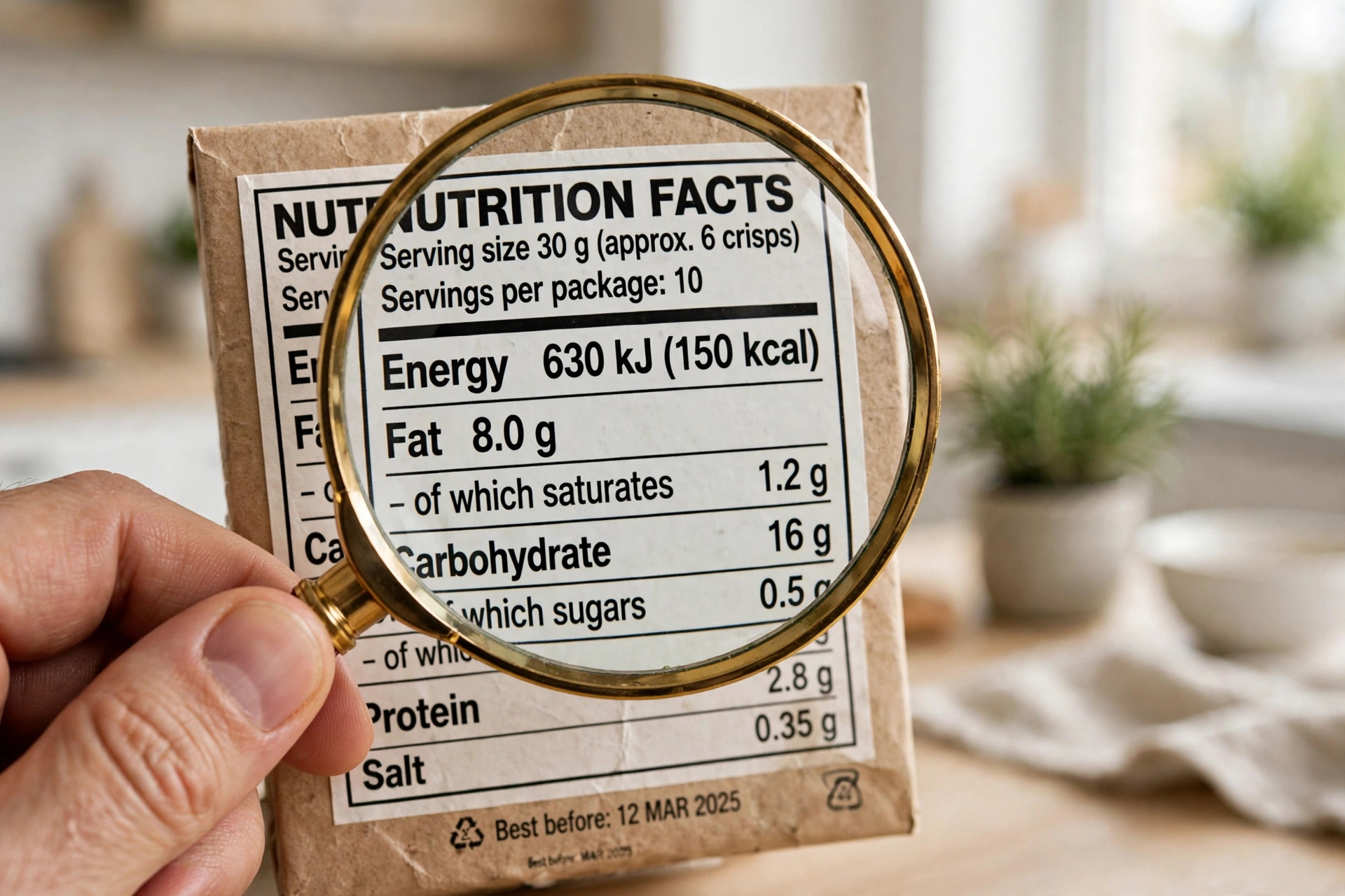 Close-up of a nutrition facts table on food packaging with a magnifying glass over the serving size and energy rows